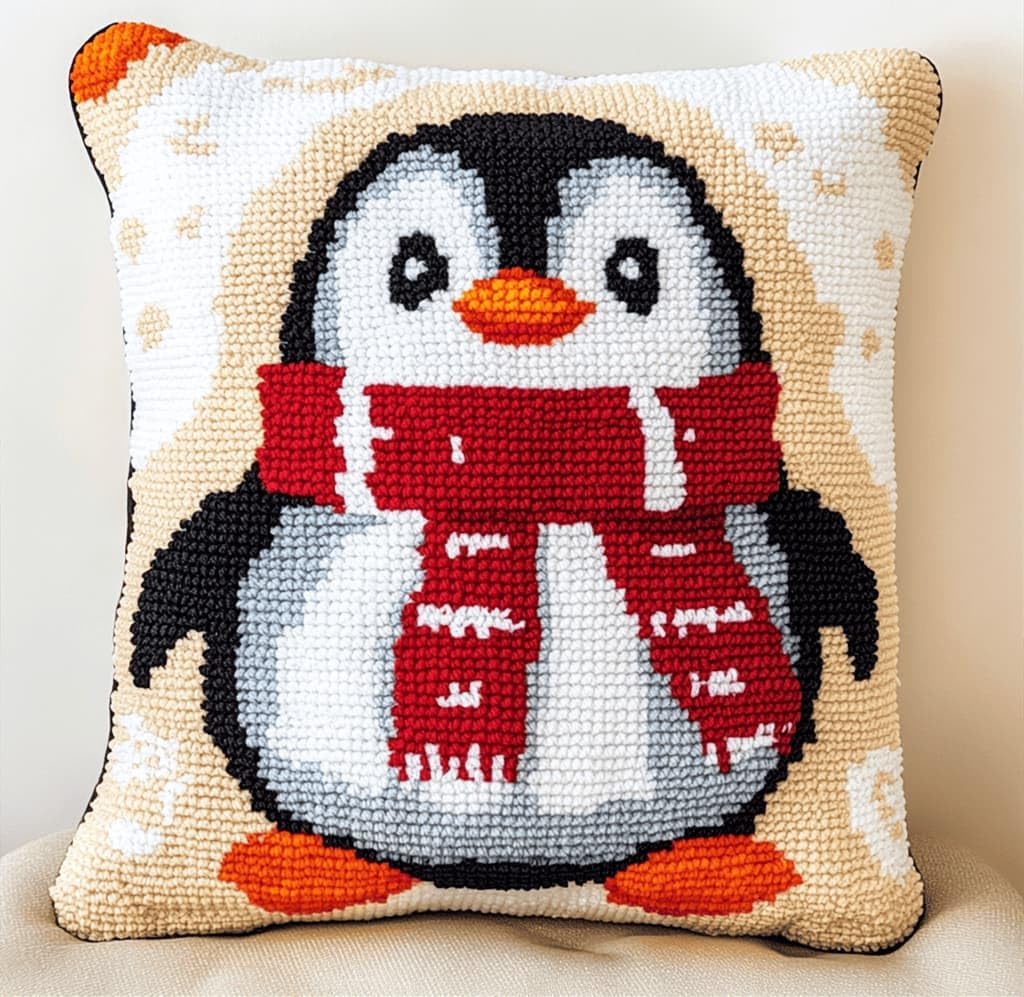 Kitquiver Latch Hook Kits for Adults Penguin Rug Cover Pillowcase Beginner DIY Needlework Embroidery Kits Handmade Set Craft Sofa Home Decor 43X43Cm