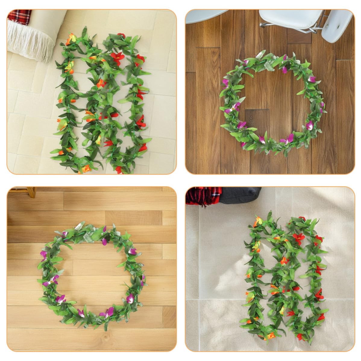 Healvian Juego de 12 Piezas de Collares Hawaianos Flores Vibrantes y Hojas Verdes, Decoracion Fiesta Verano para Celebraciones Tropicales y Hawaianas