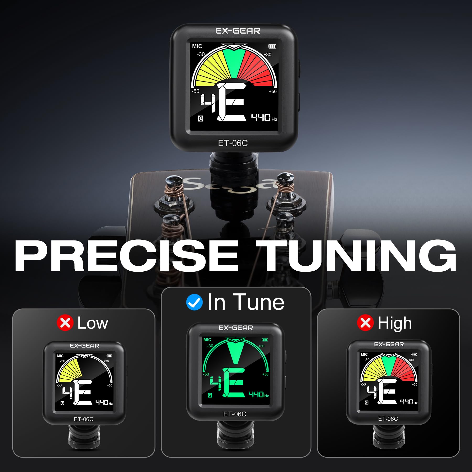 Afinador de guitarra profesional con clip, giratorio de 360° recargable, afinador de guitarra acústica con pantalla LCD grande, afinación rápida y precisa para guitarra, violín, bajo, ukelele