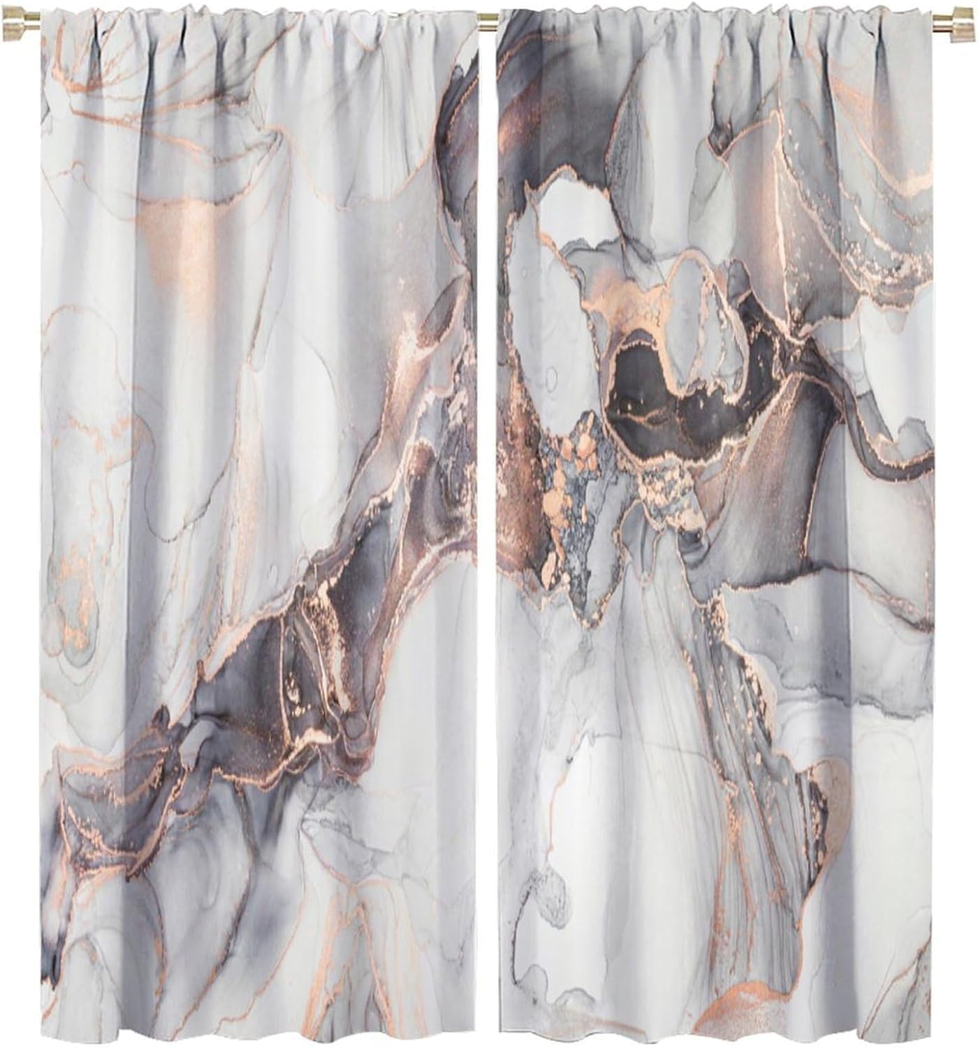 HZOHNAGO Marble Curtain Gery Black Marble Golden Texture Blackout Print Rod Pocket Window Drapes for Bedroom Living Room 42x45in