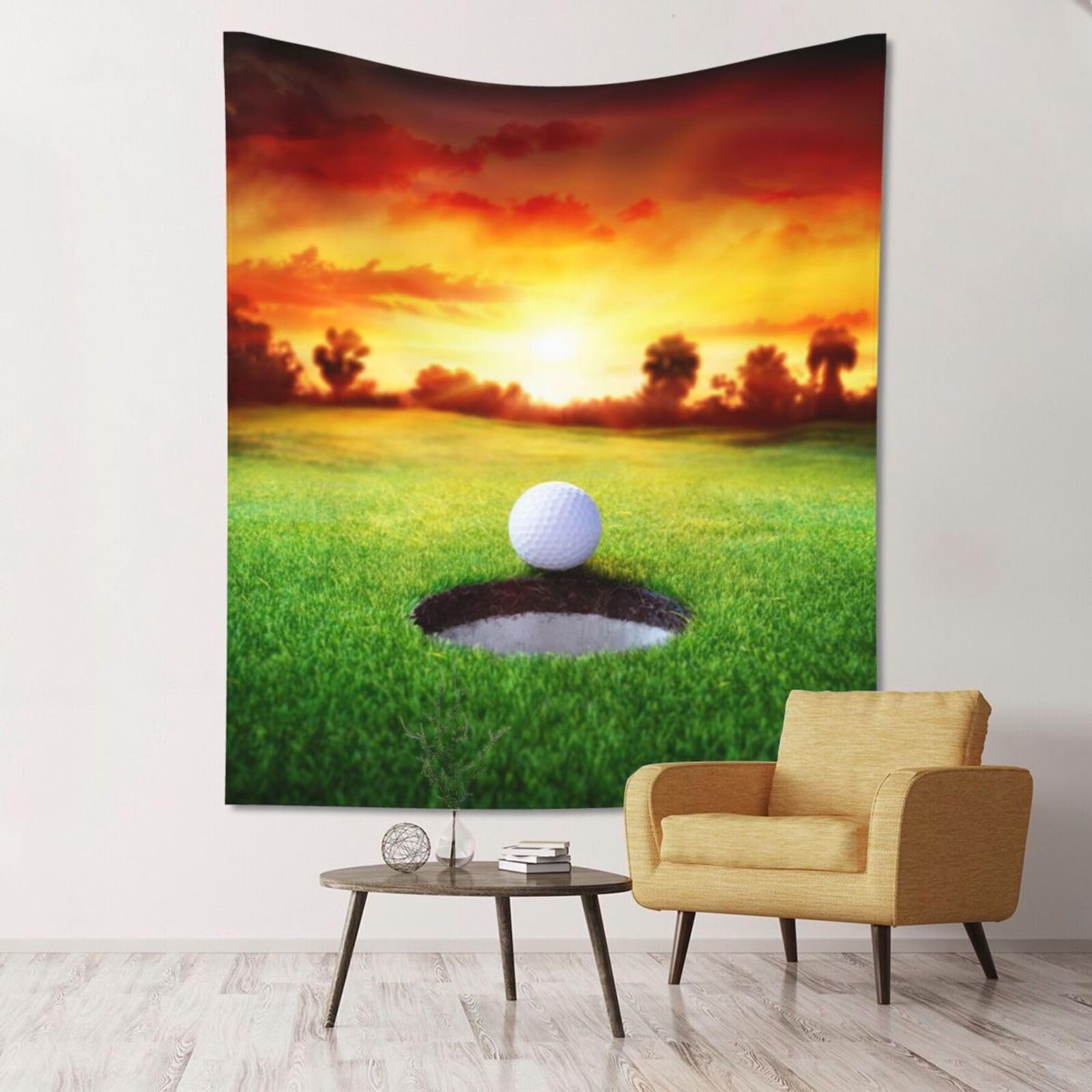 WKSGDSG Large Wall Hanging, Machine Washable Tapestry For Dorm Room, Sport Golf Ball Sunset Tree, Lightweight Polyester Wall Art For Bedroom Living Room, 152x130cm