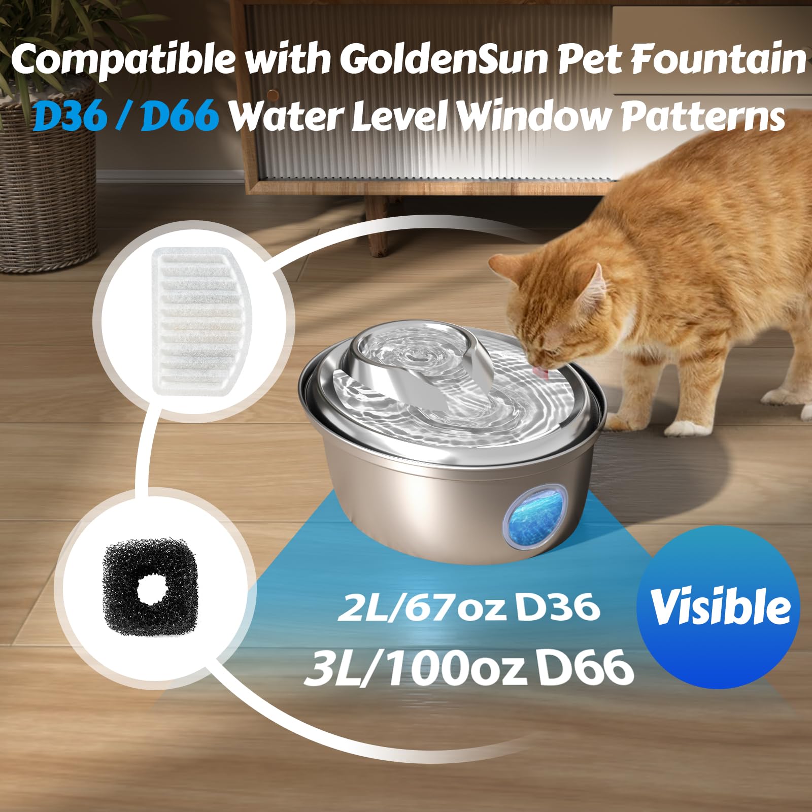 GoldenSun Cat Water Fountain Filters, ONLY for D36/D66 Cat Fountain with Water Level Window - Image 2