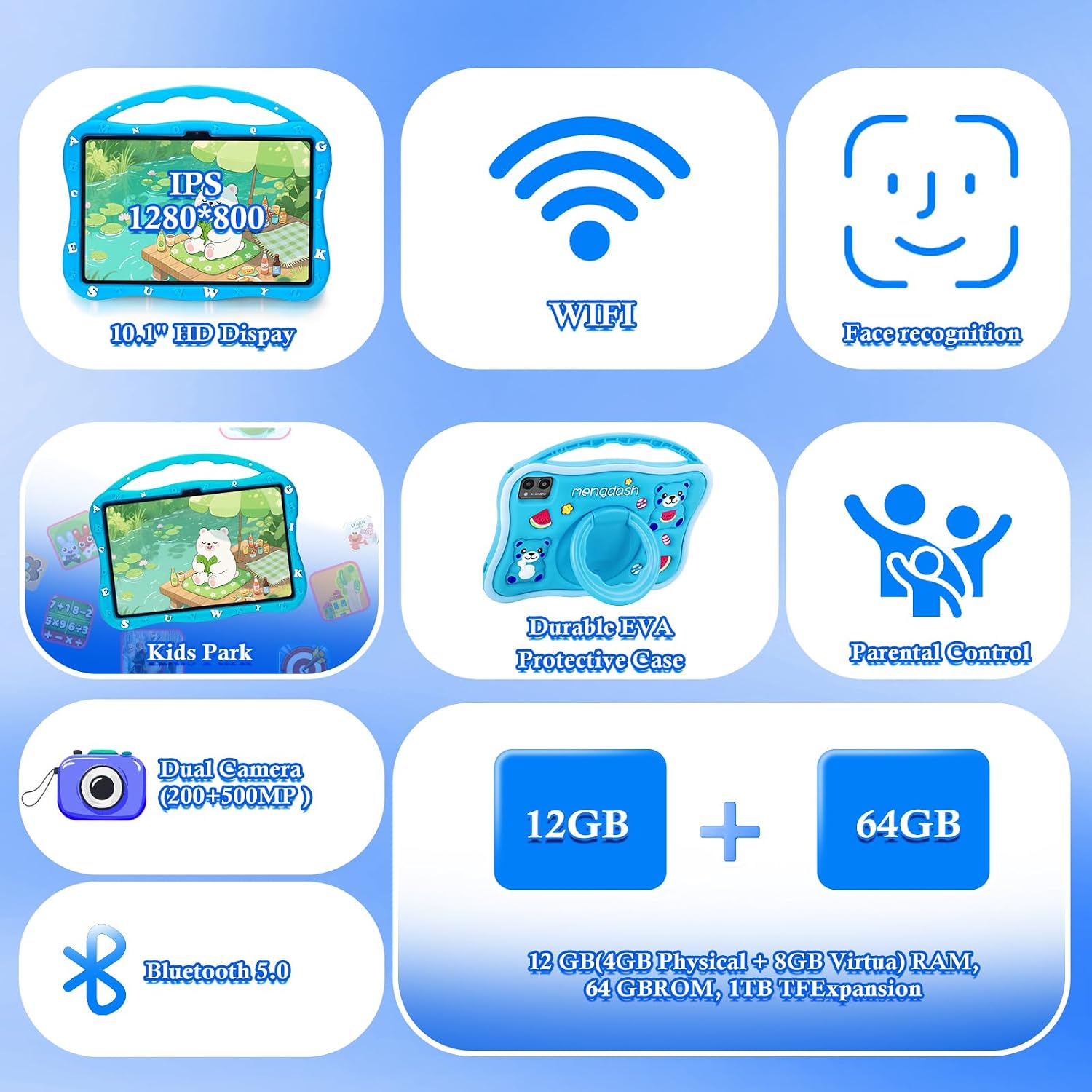 MengDash Kids Tablet, 10.1 inch Tablet for Kids, Educational Learning Toddler Tablet Android 14, 12?4+8? GB RAM+64GB ROM Storage, 5G WiFi for Baby Girl boy Gift 3-10(Blue)