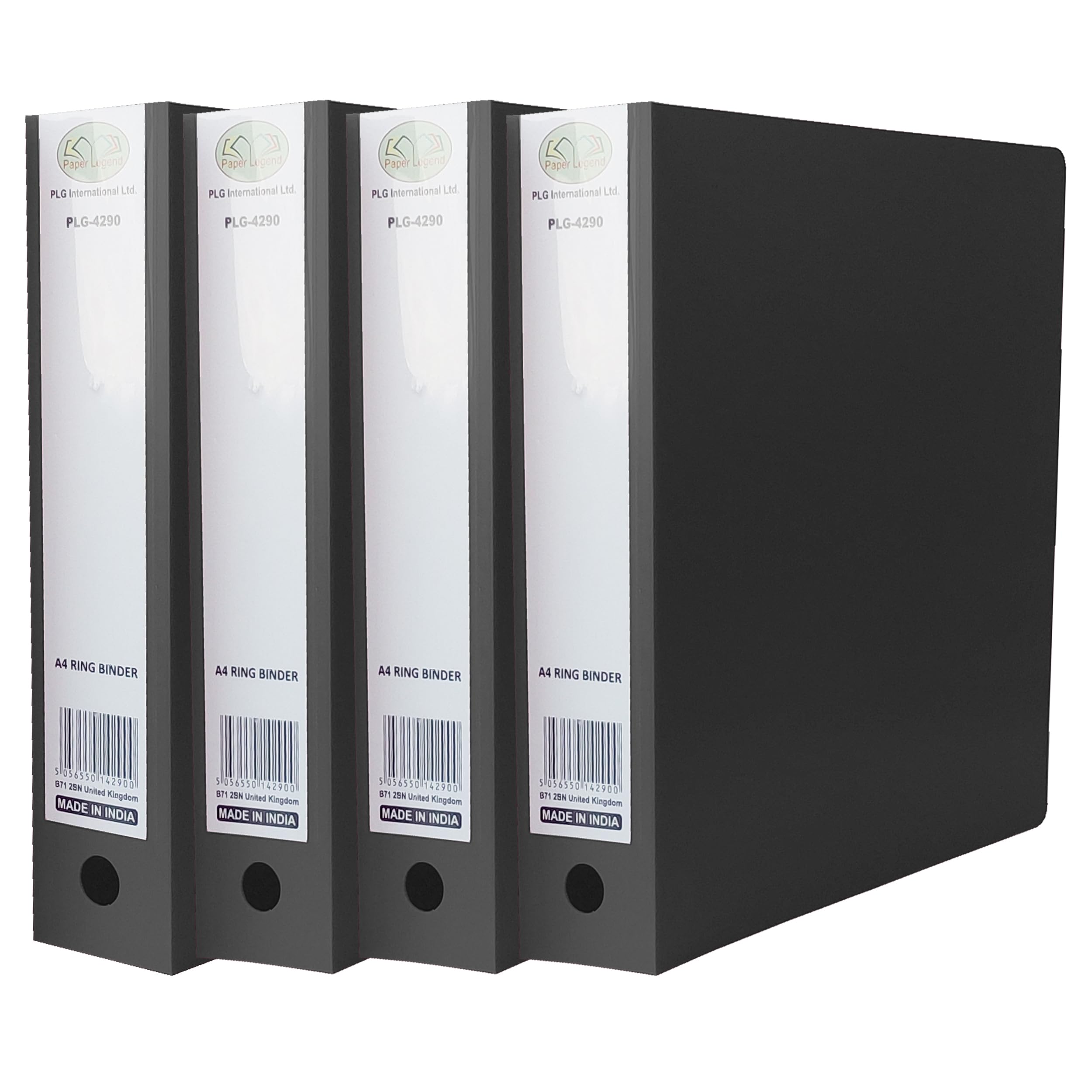 2-O Metal Ring Binder A4 (Pack of 4) Black File Folders with Finger Pull Thumb Hole 65mm Strong Label Spine 500 Sheets Capacity Polypropylene Ring Binder for Office, School Work, Home (Black)
