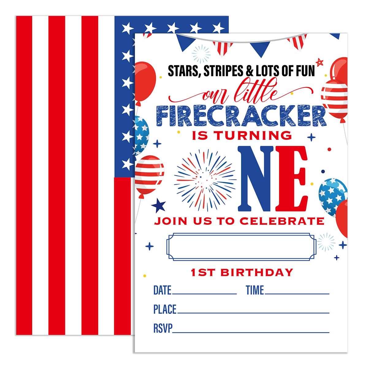 UDNADKEX 1st Birthday Invitations Patriotic Party with Envelopes, Summer Party Invites, 4th of July Invite Cards, Stars Stripes & Lots of Fun, 4"x6"