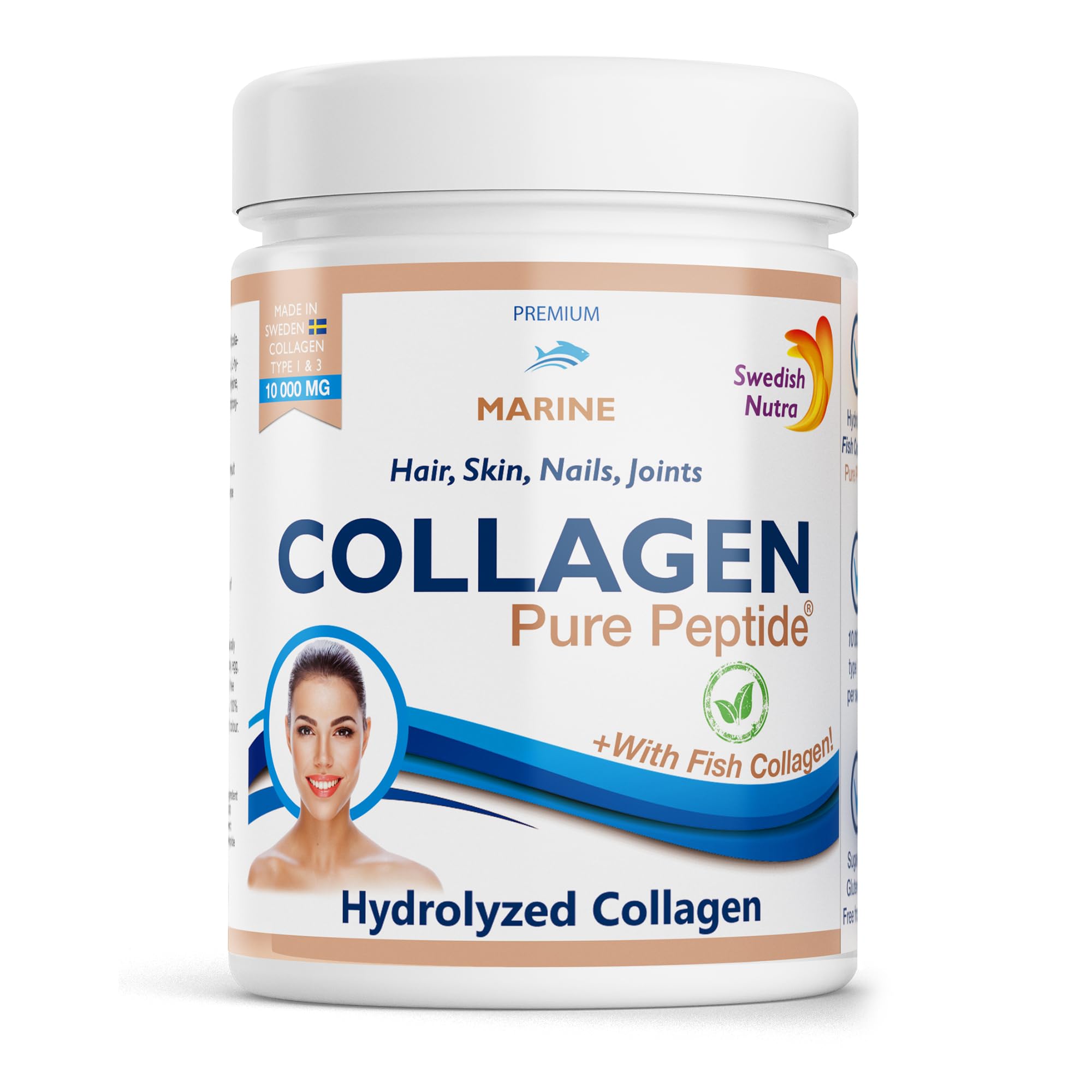 Swedish Nutra - Hydrolyzed Marine Collagen 10,000 mg Powder Supplement - Pack of 300 g, 30 Day Supply | Pure Peptide for Healthy Hair, Skin, Nails and Joints I 100% Natural and Gluten Free