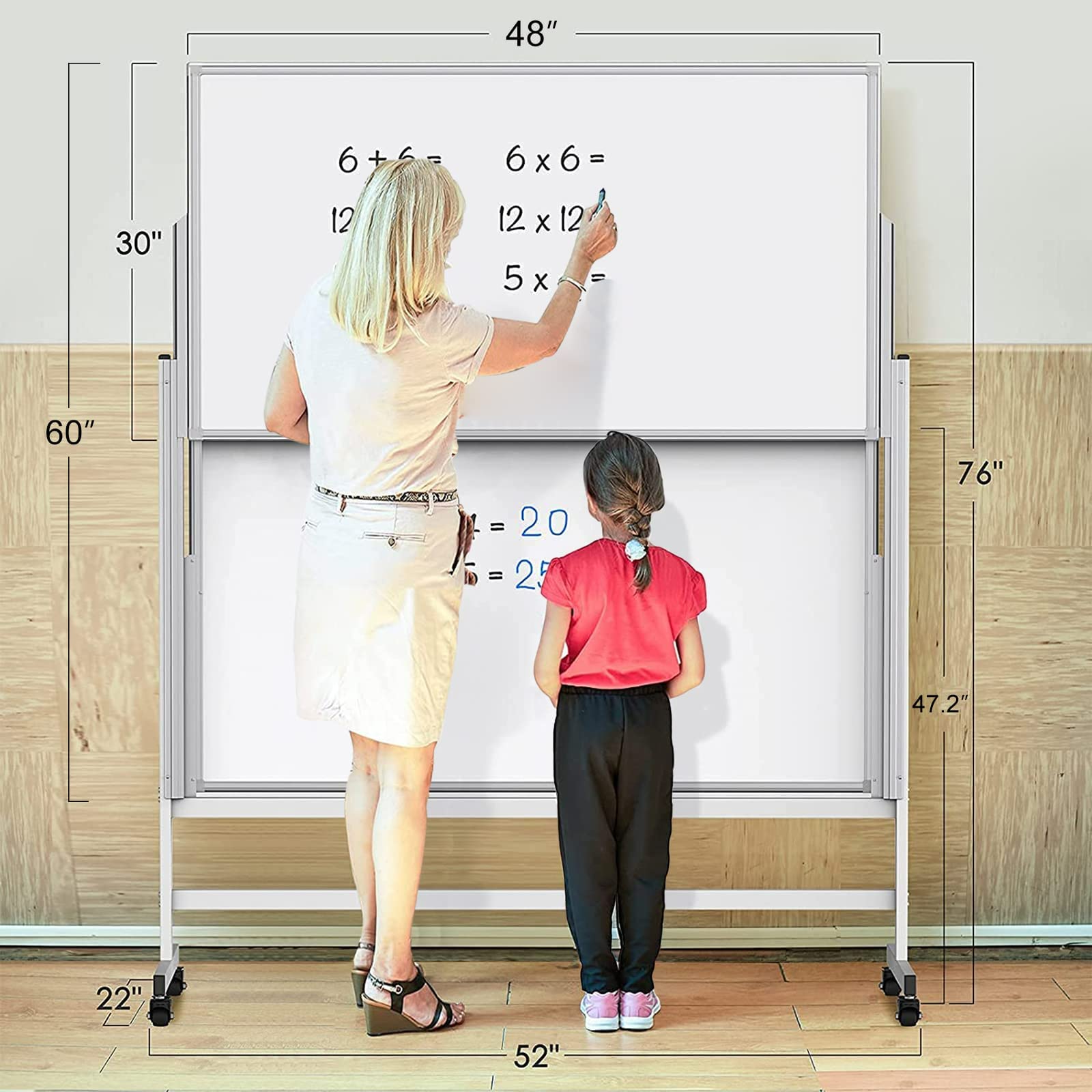 Dry Erase Whiteboard Height Adjustable, Easel Stand White Board on Wheels - 60 x 48 inches Large Mobile Dry Erase Board, Double Sided Magnetic Whiteboard for Office Home Classroom, Sliding Up & Down