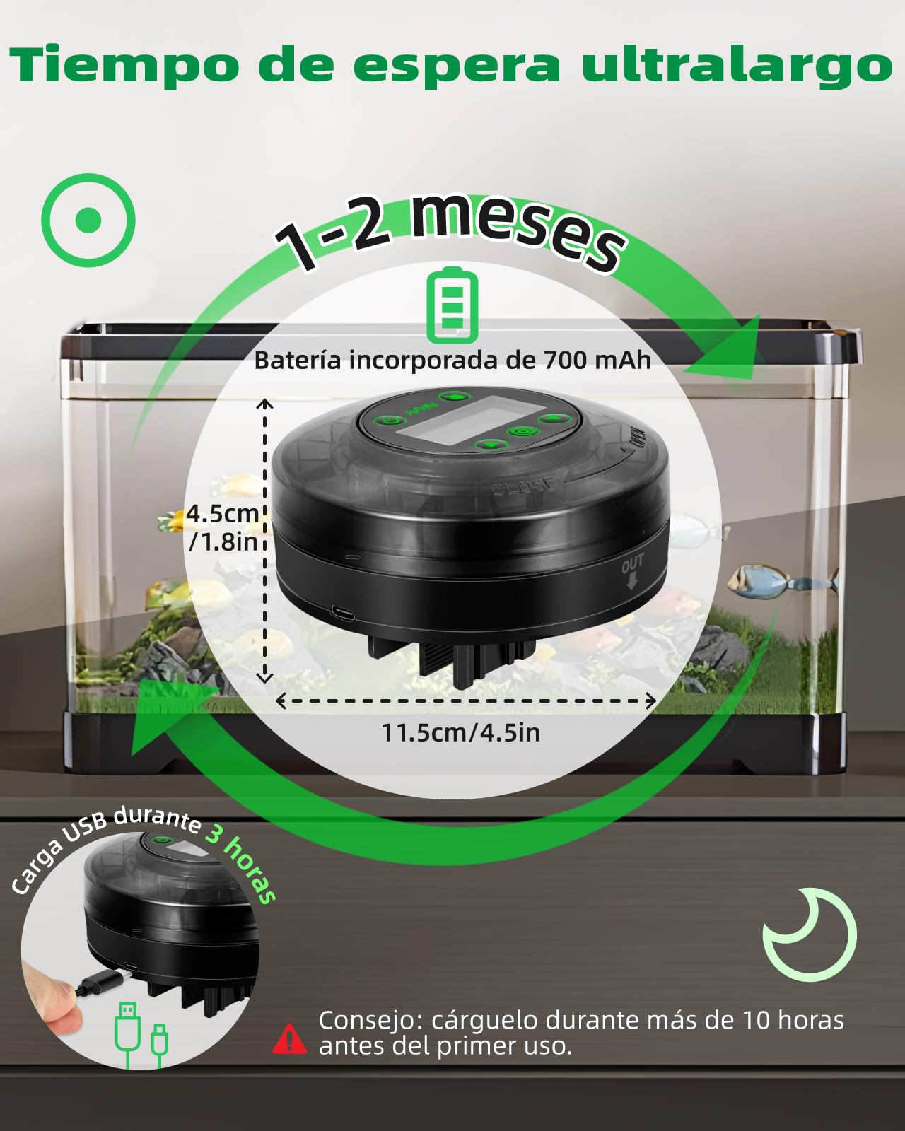 Papettly Alimentador Automatico Acuario - 200ml Comedero Automatico Peces con USB Charger y Pantalla LCD para Tortugas Peceras con Temporizador de Vacaciones, Cuchara Dispensador Comida Pieces, Negro
