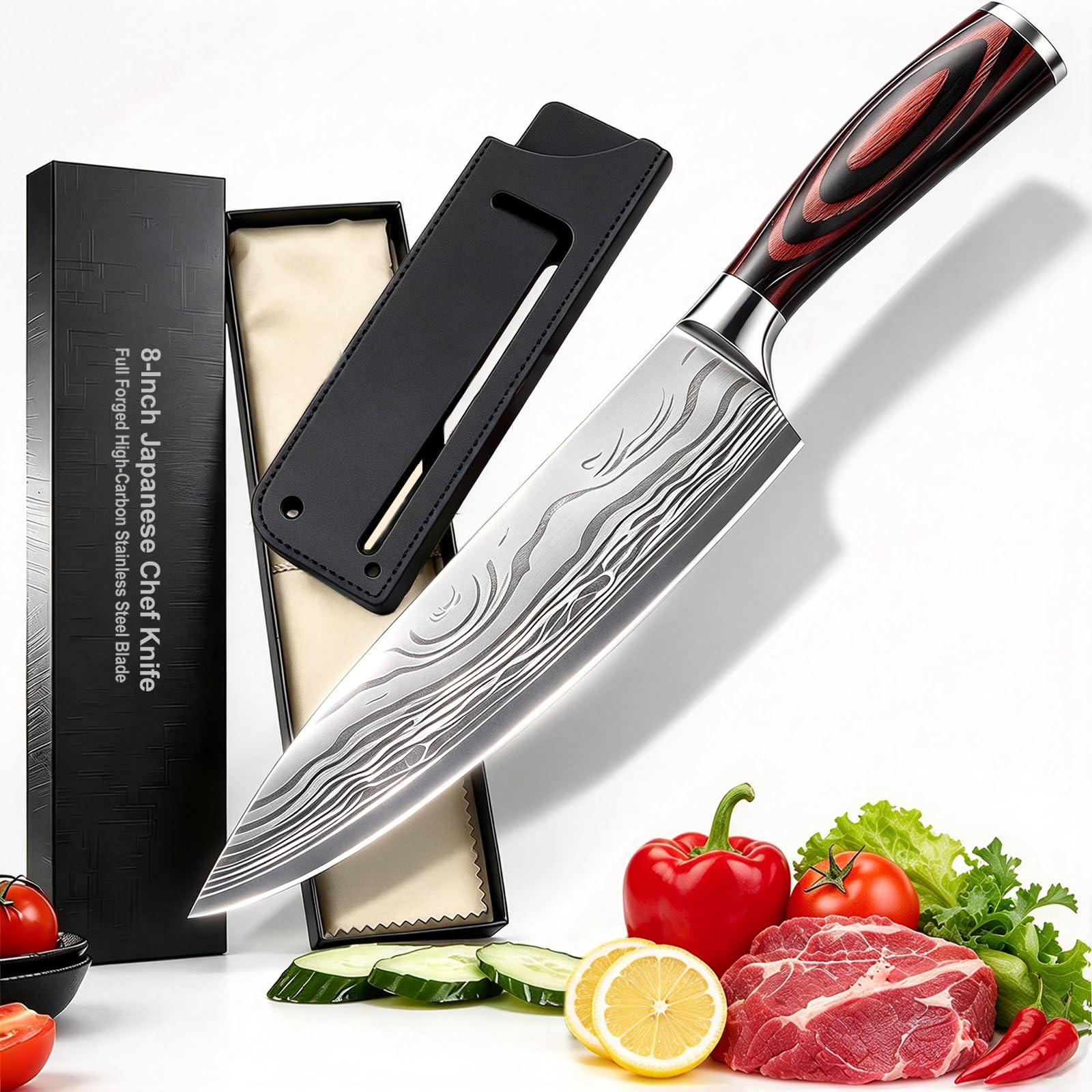 8" Japanese Chef Knife, High Carbon Steel, Ultra Sharp Cooking Knife