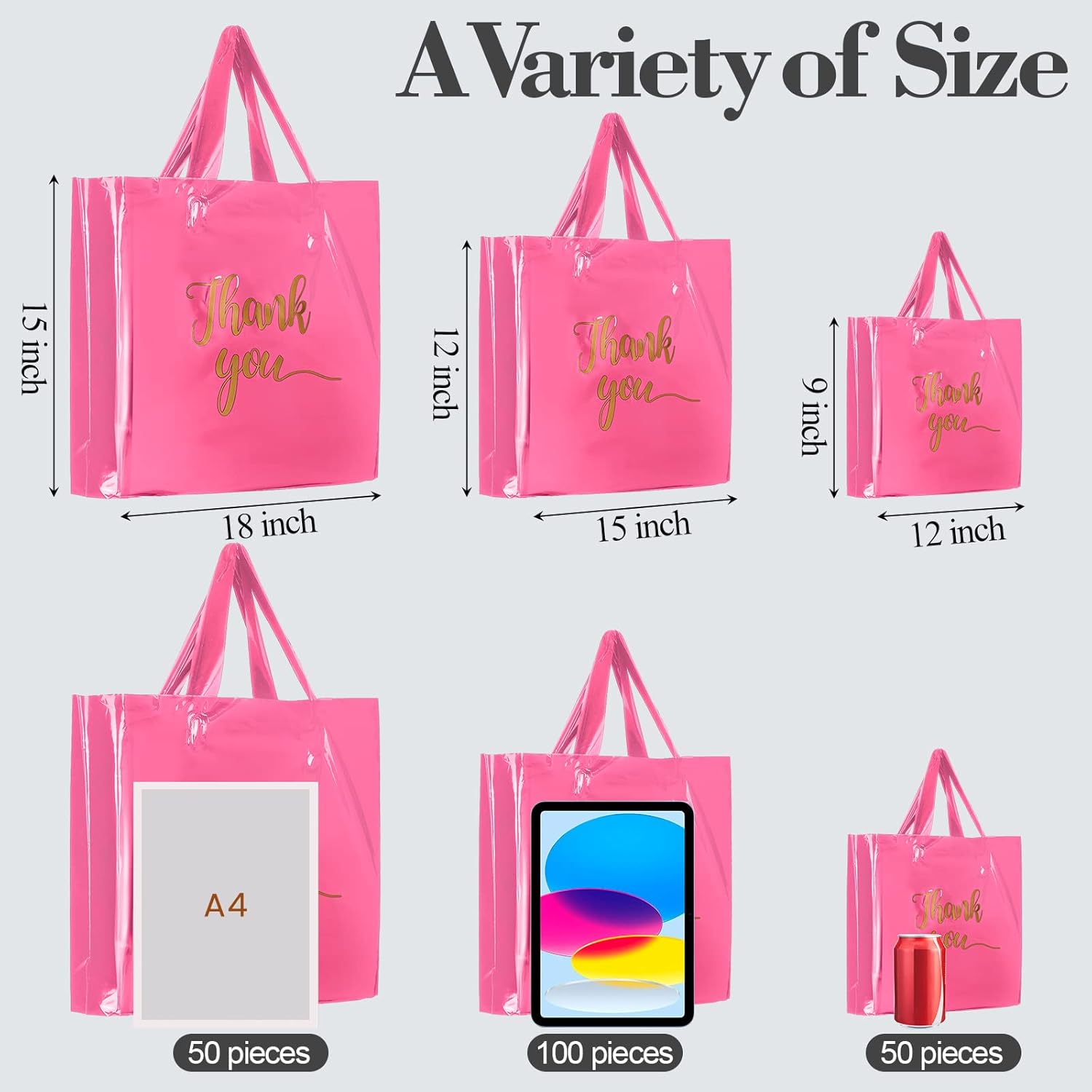 Teling 200 Pcs Thanks Bags with Handle Bulk Thank You Merchandise Bags 3 Size Plastic Packet Retail Shopping Package for Boutique 9 x 12'', 12 x 15'', 15 x 18''(Pink) - Image 3