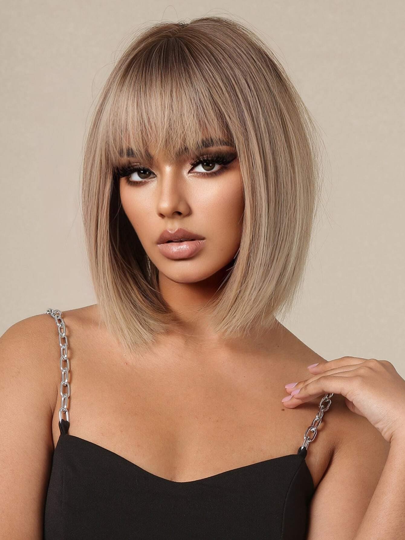 POLOSU Short Straight Bob Ombre Brown Wigs with Bangs for Women, 13'' Brown Roots Wig Heat Resistant Hair for Daily Party Cosplay