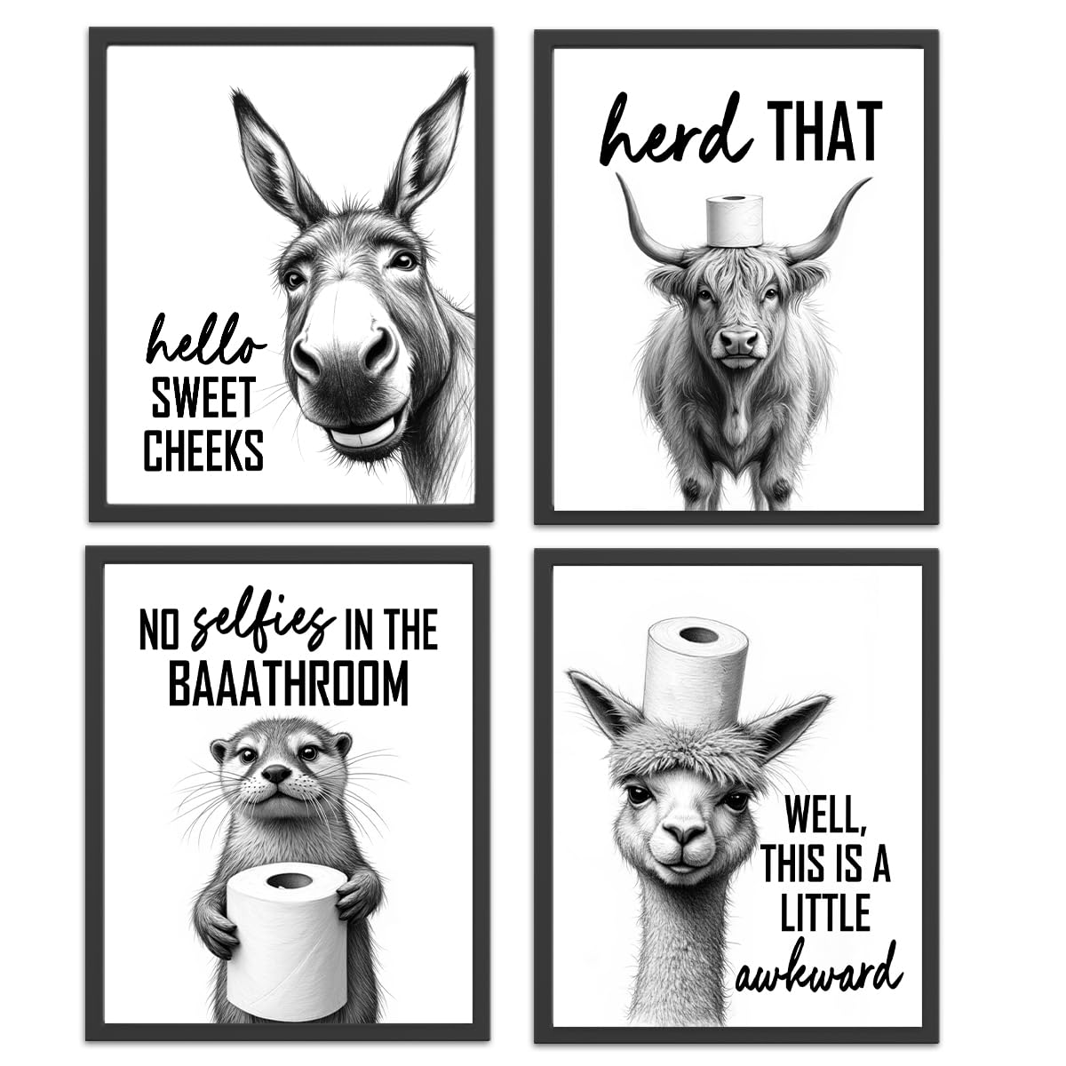 Funny Bathroom Wall Art Prints Black and White Bathroom Signs Decor Rustic Donkey Cow Pictures Wall Decor Posters for Toliet Bedroom (8x10, Unframed)