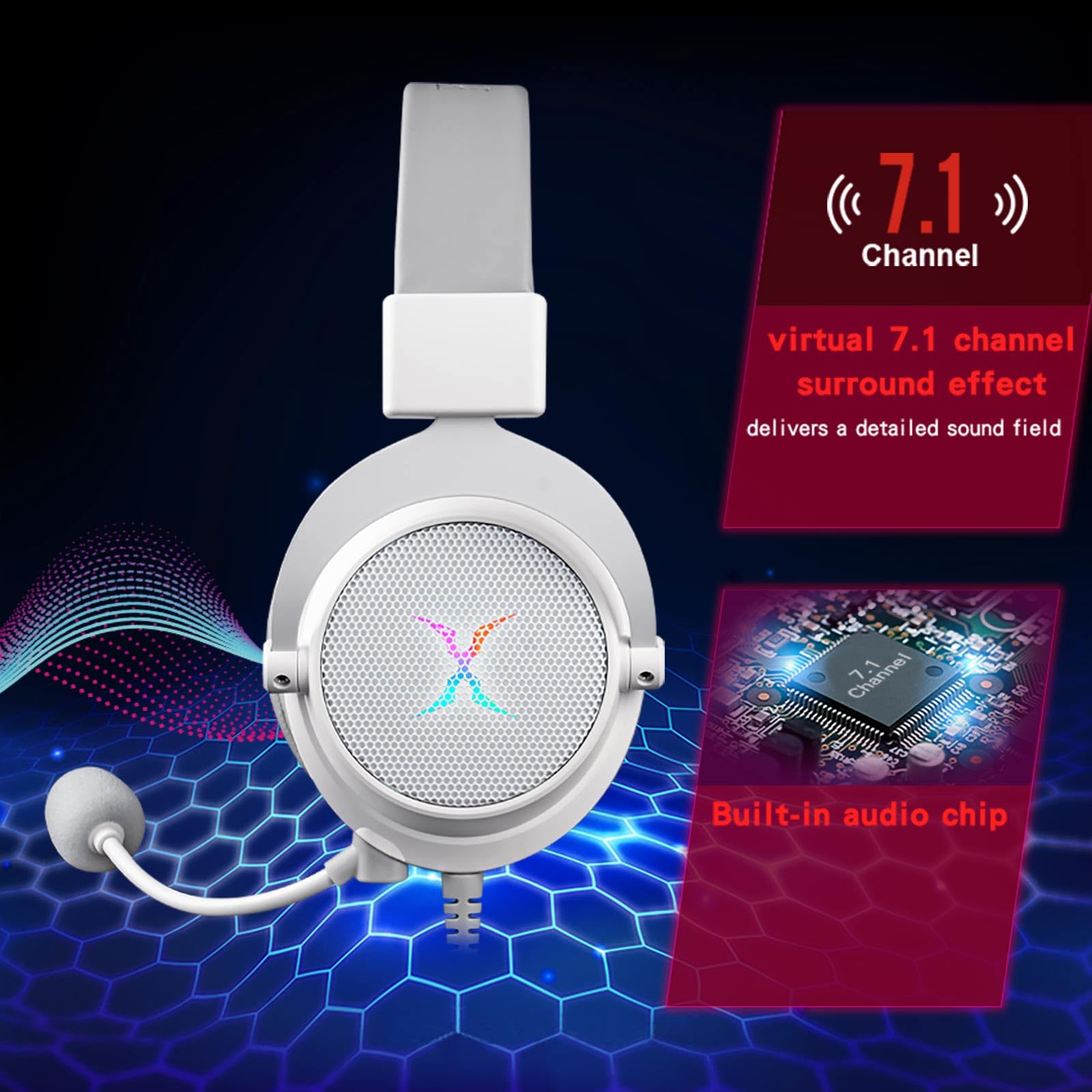 FOXXRAY HAU-37 - Auriculares USB para juegos para PC, auriculares de computadora con micrófono, sonido envolvente 7.1, controladores dinámicos de 50 mm, luz RGB, auriculares con cable para PS4, PS5