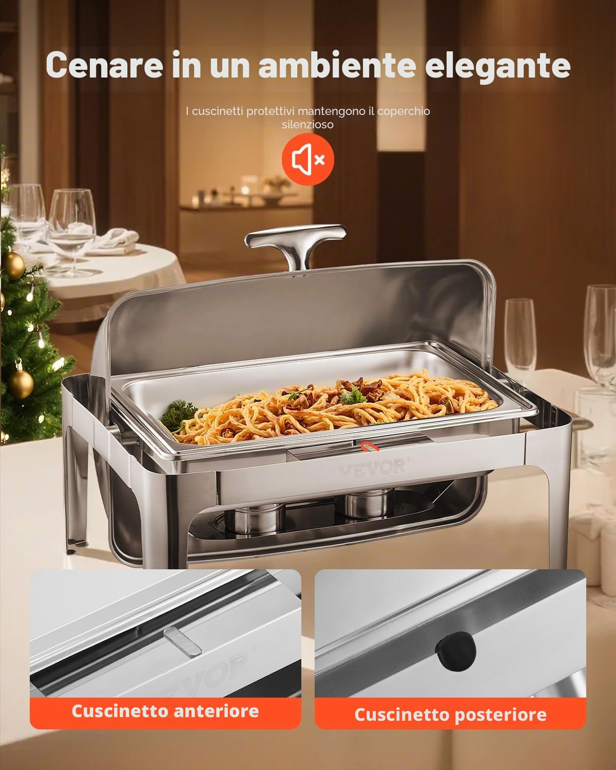 VEVOR Set di Scaldavivande 8,5 L Scaldavivande Rettangolare in Acciaio Inox, con Padella di Dimensioni Standard, Coperchio, Supporto Pieghevole per Acqua, Supporto per Carburante, Clip per Pasti