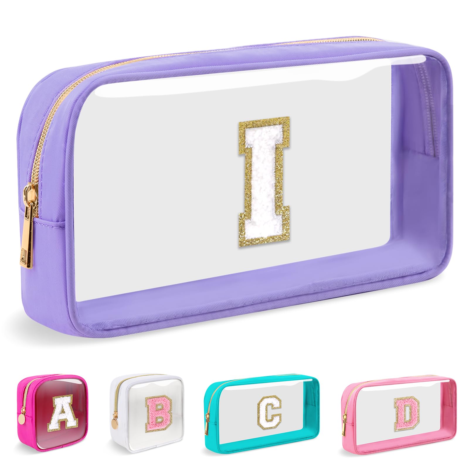 Small Clear Personalized Initial Makeup Bag,Nylon Preppy A-Z Chenille Letter Patch Cosmetic Pouch Beach Toiletry Bag,Waterproof Zip Travel Purse