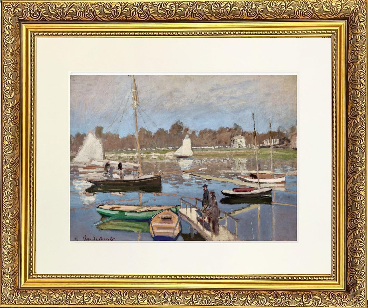 Green Boat Mounted & Framed Print in Gold Dahlia Frame 22 x 18 Inch