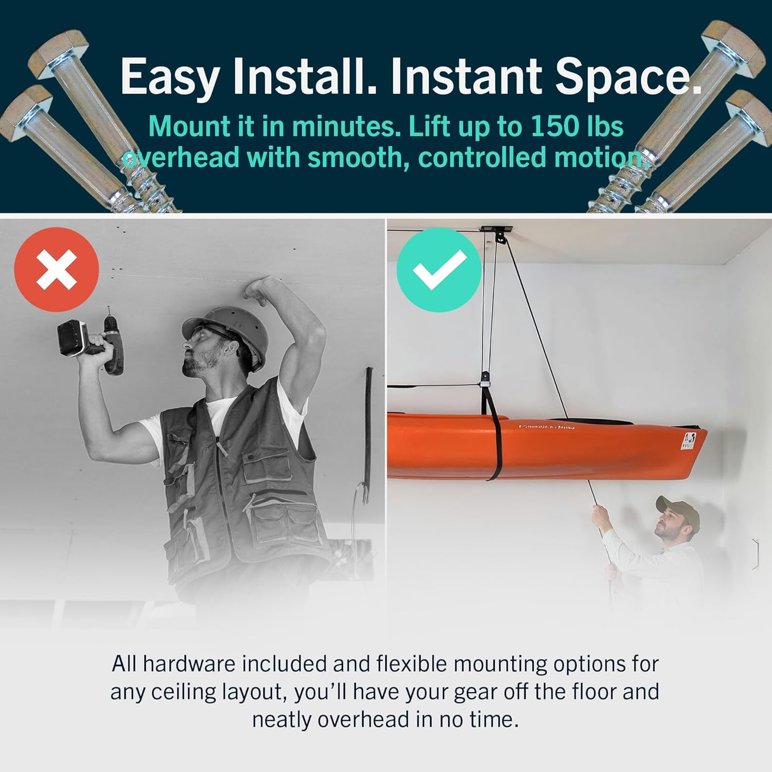 StoreYourBoard Kayak and Canoe Ceiling Hoist – Overhead Garage Storage Rack for Kayaks, Canoes, and Paddle Gear – Heavy Duty Pulley System Indoor Ceiling Mount