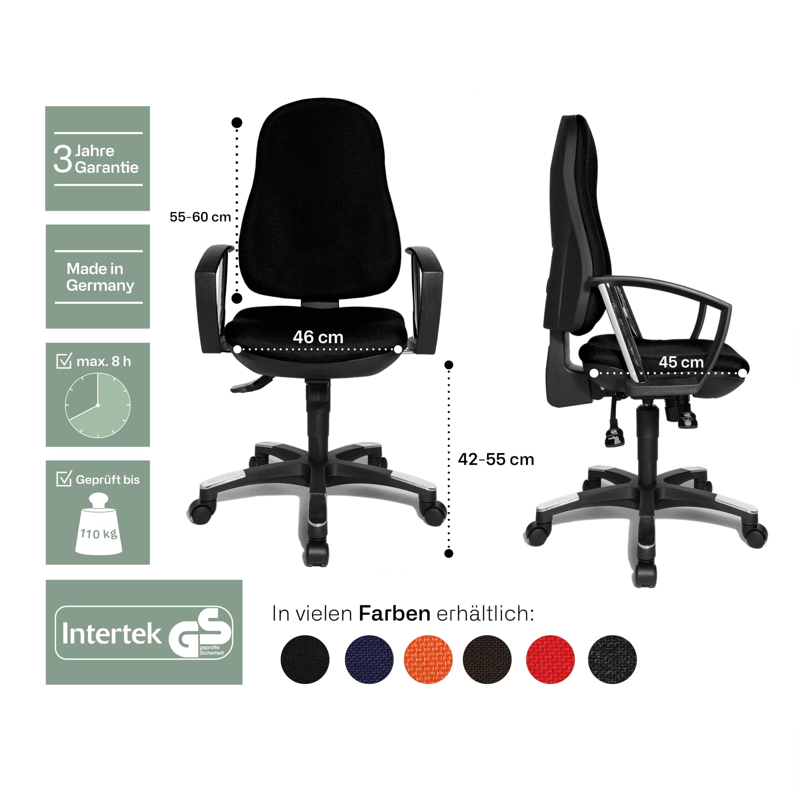 Topstar 9020AG22, Trend SY 10, Bürostuhl, Schreibtischstuhl, ergonomisch, mit Armlehnen, Bezugsstoff anthrazit, 110 x 56 x 45