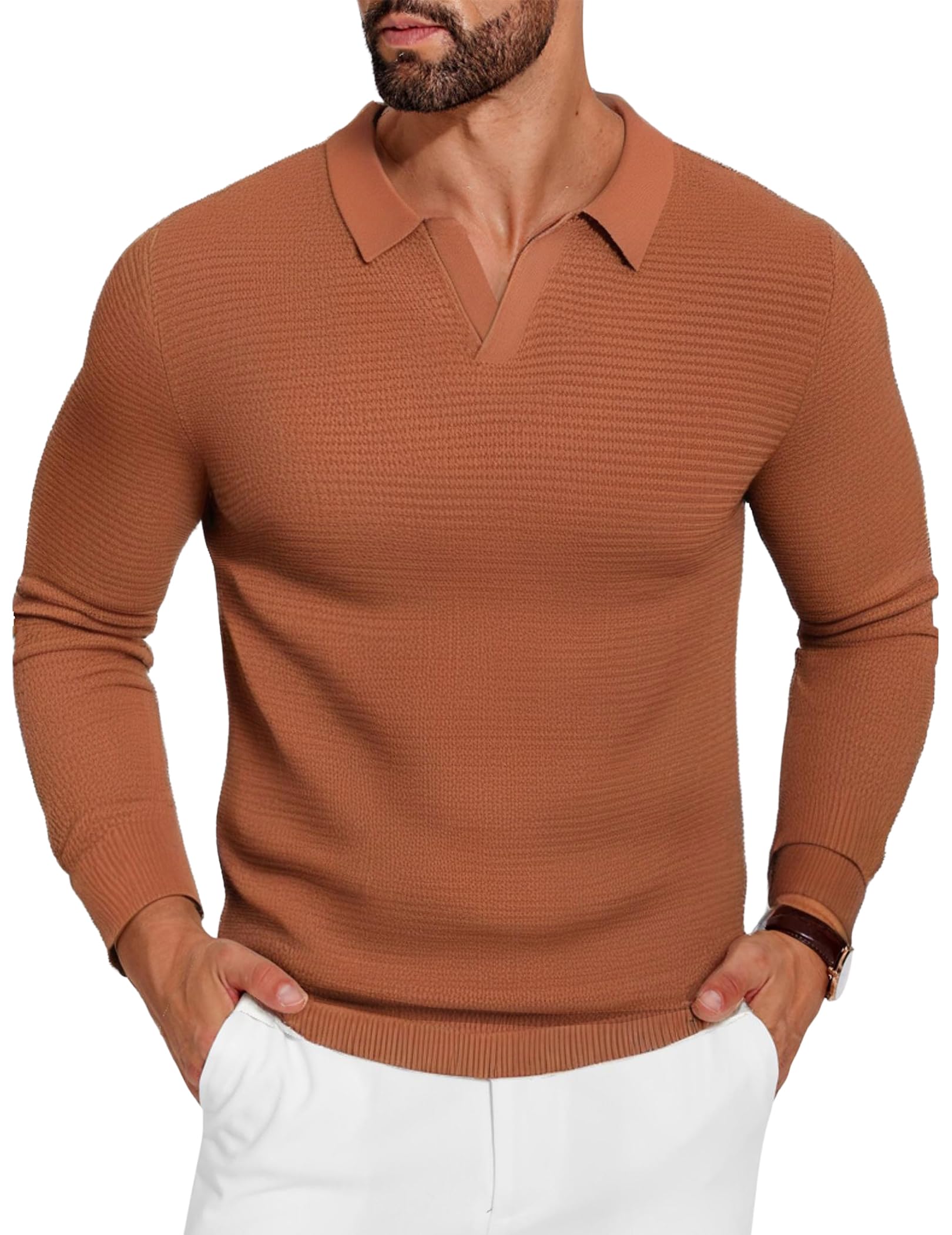 coofandy Mens Knit Polo Sweater V-Neck Long Sleeve Textured Lightweight Casual Dress Pullover Fall Sweaters-picture-34