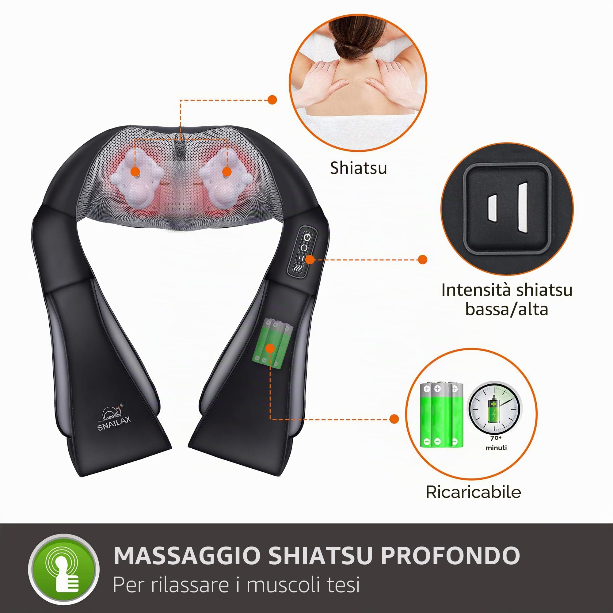 Snailax Massaggiatore per Collo, Spalle e Schiena Ricaricabile Shiatsu per Cervicale con Calore 4D Rotazione Cuscino Elettrico a Casa ed Ufficio