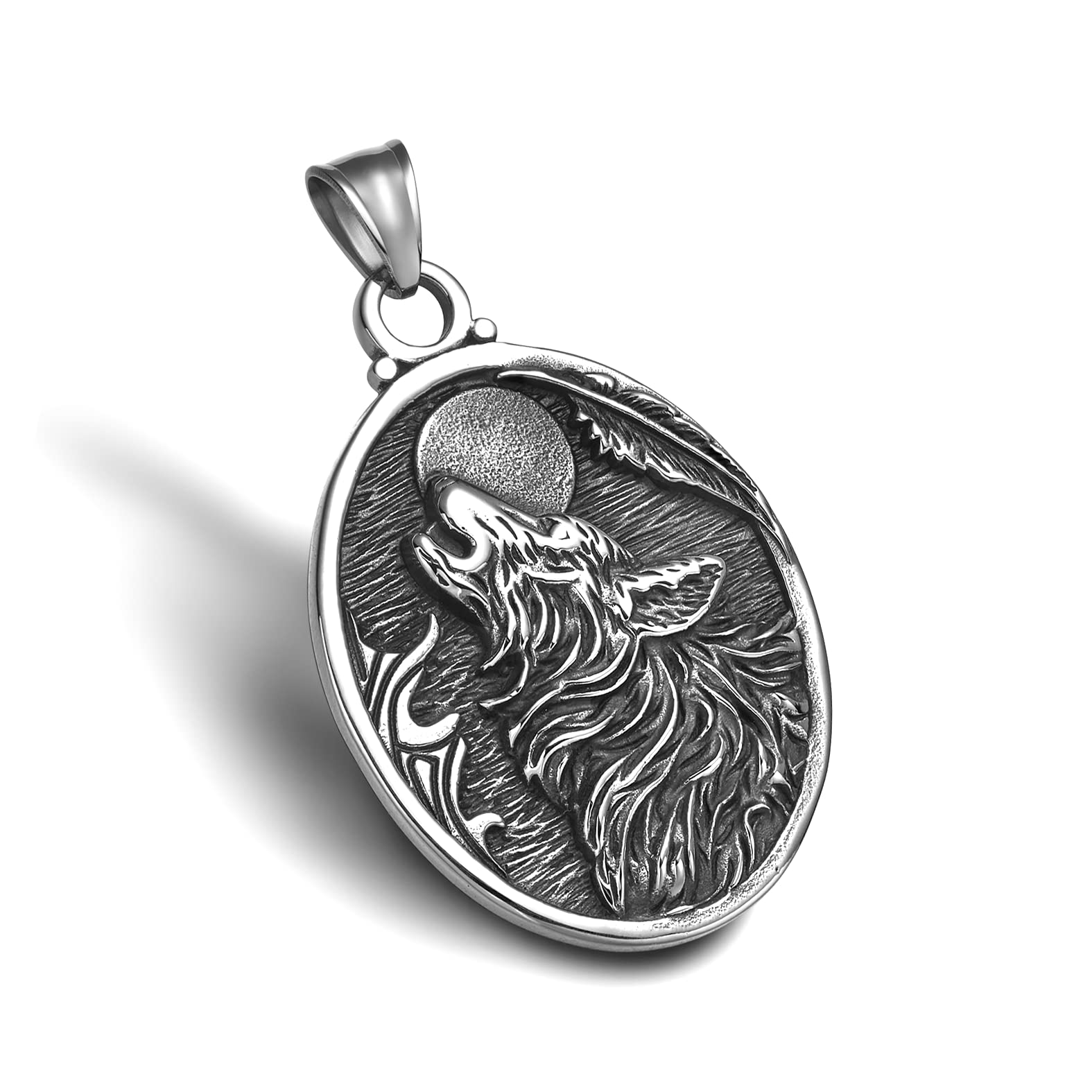 Magic Human Wolf Necklace for Men - Spiritual Protection Amulet - Howling Wolf and Moon Oval Medallion - Antique Finish Stainless Steel Jewelry - Animal Totem Adjustable Cord Choker