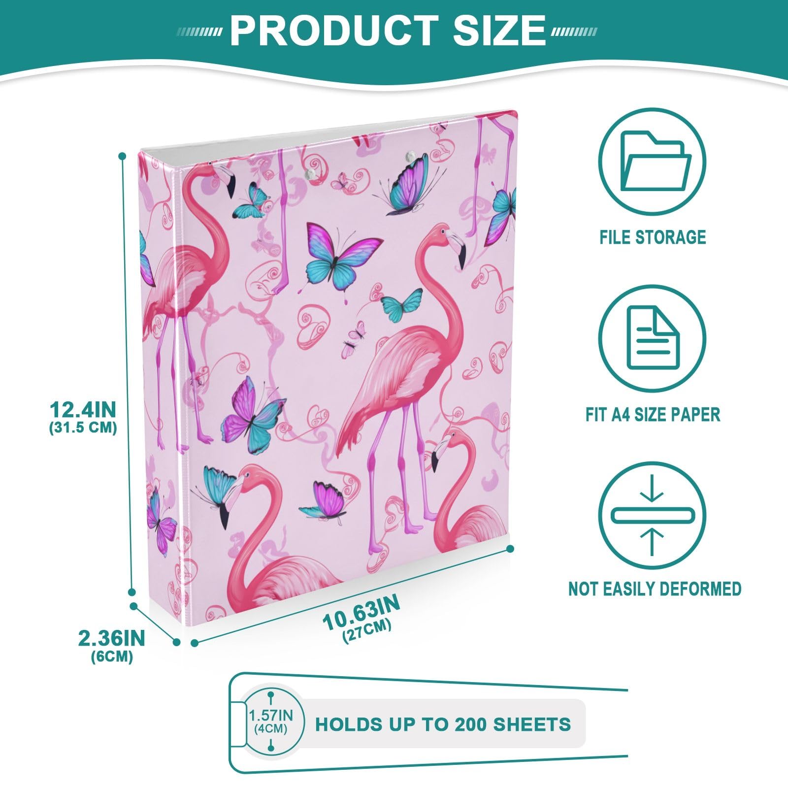 Raccoglitore decorativo a 3 anelli, 3 anelli, 3,8 cm, con clip antiscivolo, per forniture scolastiche, graziose farfalle, fenicotteri, rosa, confezione da 2