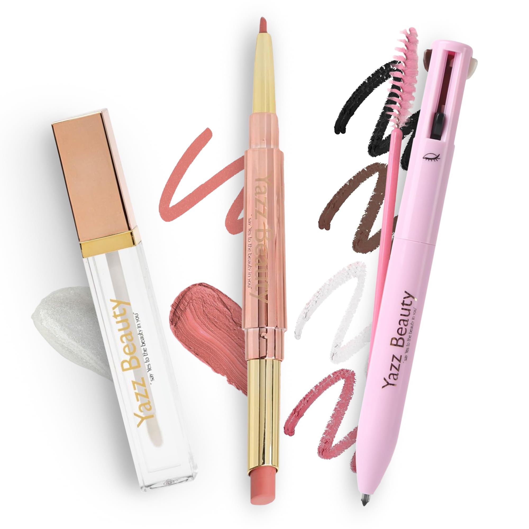 YazzBeauty 2-Piece Makeup Set – Berry 4-in-1 Touch-Up Pen & Nude 3-in-1 Lip Kit – Eyeliner, Brow Pencil, Lip Liner, Lipstick & Gloss – Compact, Smudge-Proof, Vegan