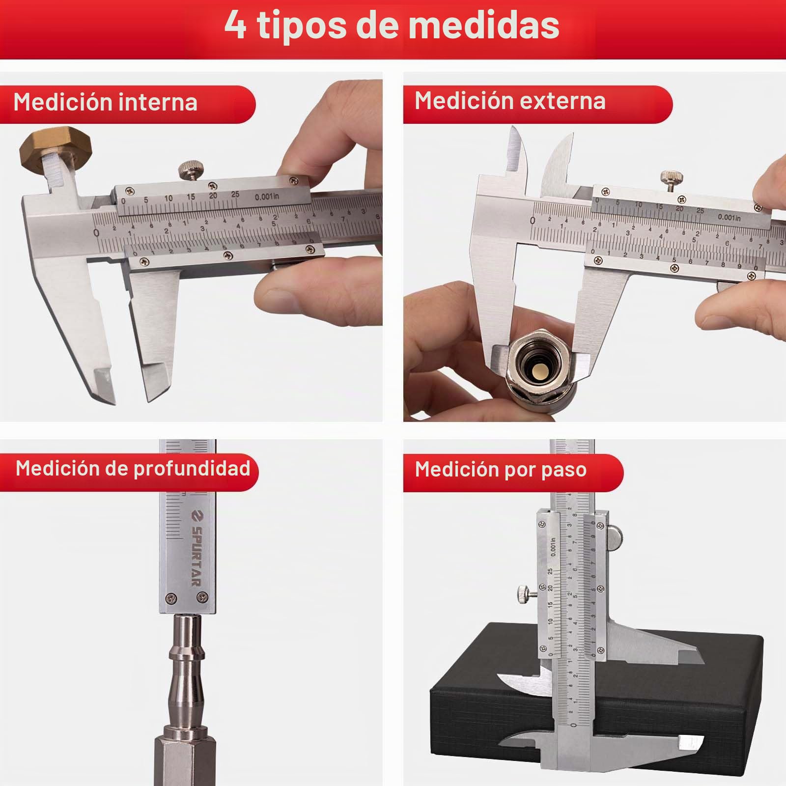 Spurtar Calibre 150 mm 6 pulgadas analógico medición diámetro profundidad 0,02 mm 0,001 pulgadas
