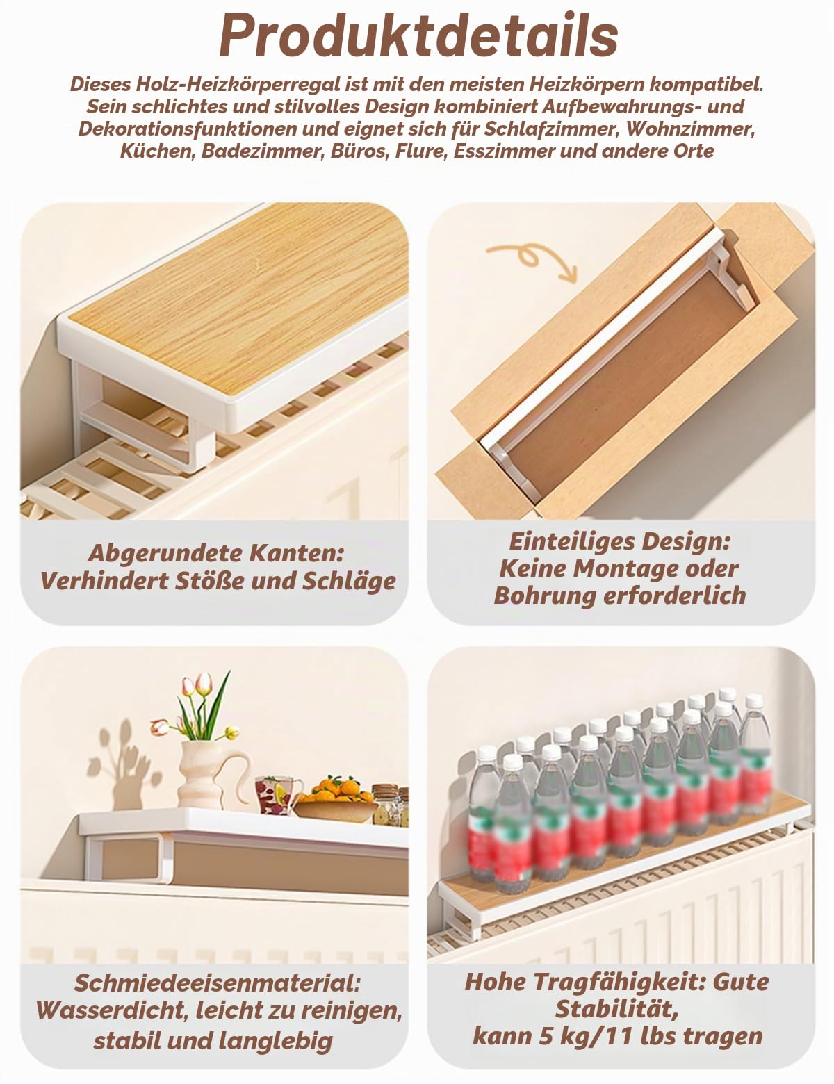 Über-Dem-Heizkörper-Regal Holz Schwebende Heizungsregal Heizung Ablage Ohne Bohren, Moderne Heizkörperverkleidung Heizkörperabdeckung Oben für Wohnzimmer Schlafzimmer Flur(Weiß,60 cm/23.6 in)