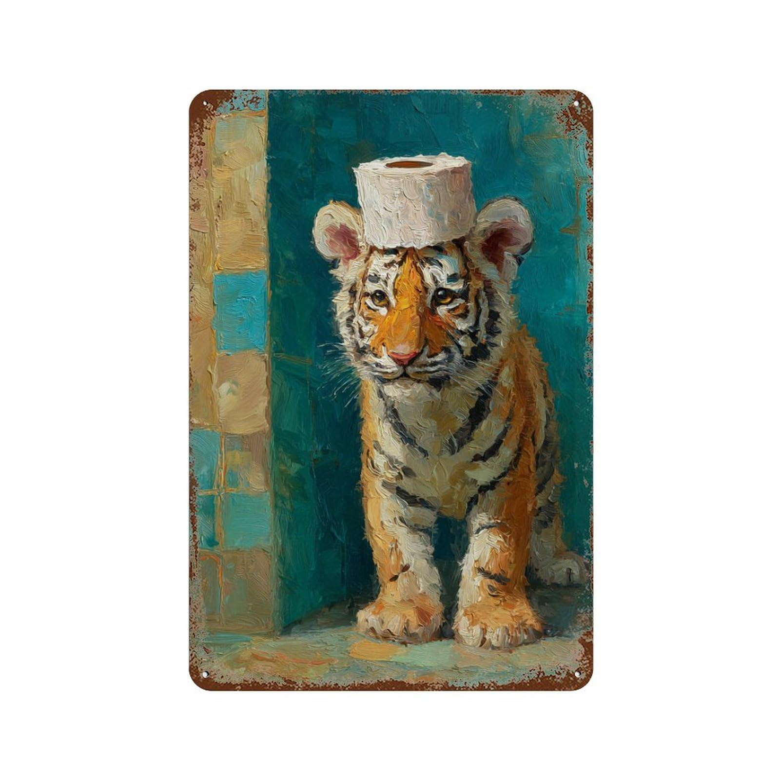Tiger Cub with Toilet Paper Hat-1 11.8"x7.9" Distressed Metal Wall Sign, Retro Wall Decor for Garage, Bar And Workshop Decor