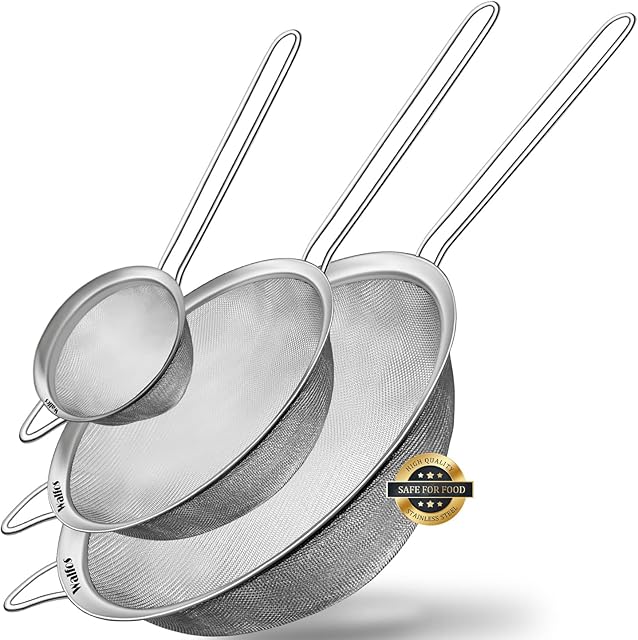 Sieves and Strainers Set - WALFOS Metal Sieve Stainless Steel, Fine Mesh Strainer Kitchen Sieve Fine Mesh, Cooking, Flour Sieve for Baking - Dishwasher Safe, Set of 3 Size