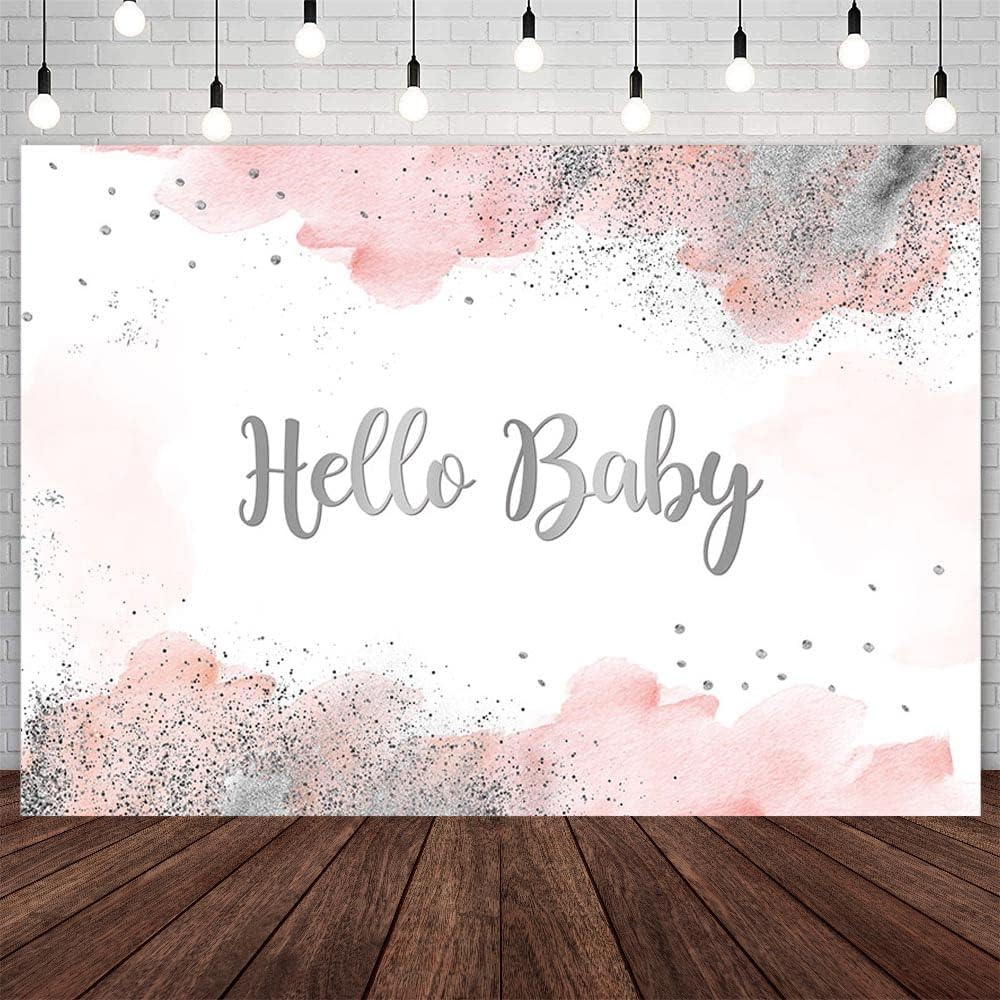 AIBIIN 8x6ft Hello Baby Backdrop for Girls Pink Pastel Watercolor Baby Shower Party Decorations Silvery Oh Sweet Baby Party Cake Table Banner Photo Booth Props