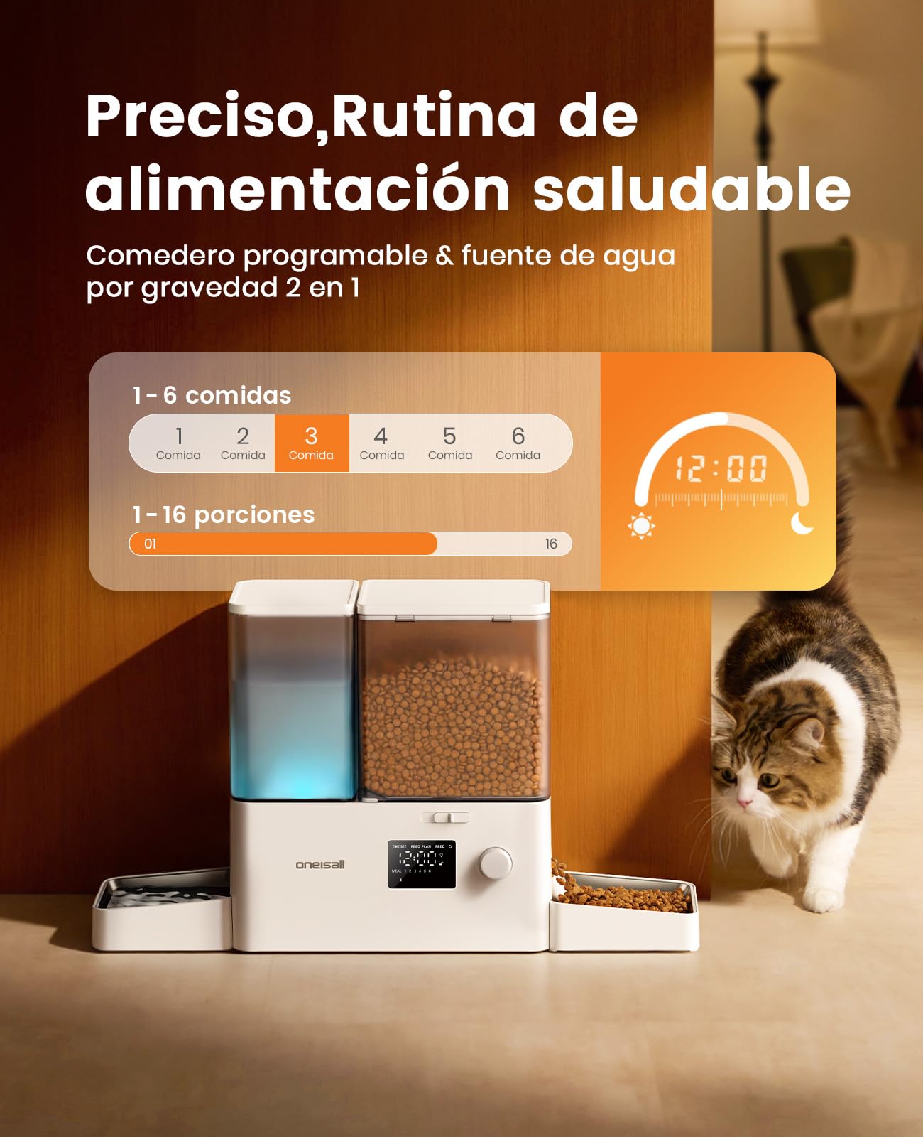 oneisall Distributore automatico per gatti e acqua, 36 tazze/8,5L, 2 in 1, per cibo pulito e acqua fresca, grande capacità, 5 l, dispenser di cibo per gatti e fontana a gravità da 3,5L per animali