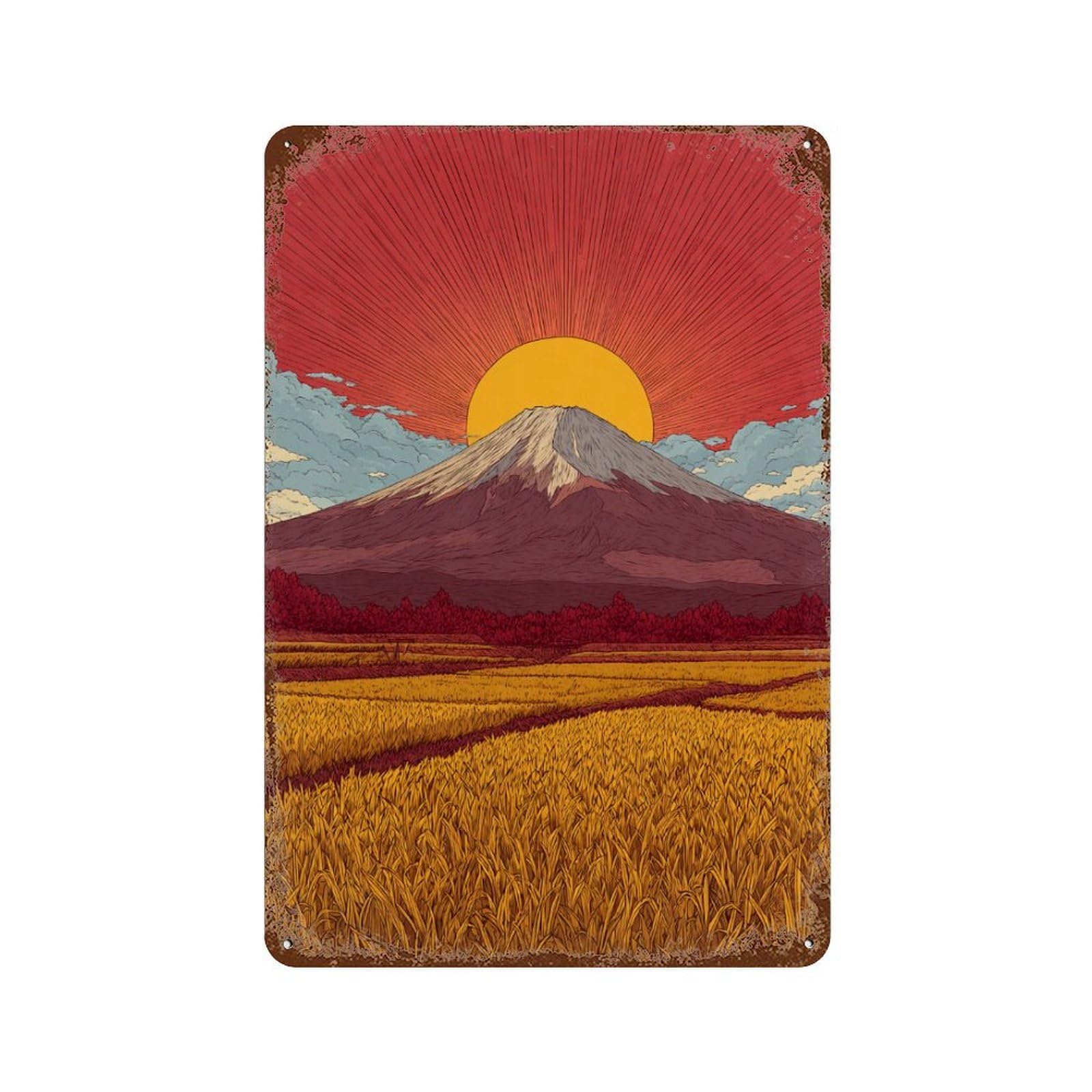 Garage Style Japanese Mount Fuji Sunset Distressed Metal Wall Sign 11.8"x7.9", Rustic Home Decor for Bar And Workshop