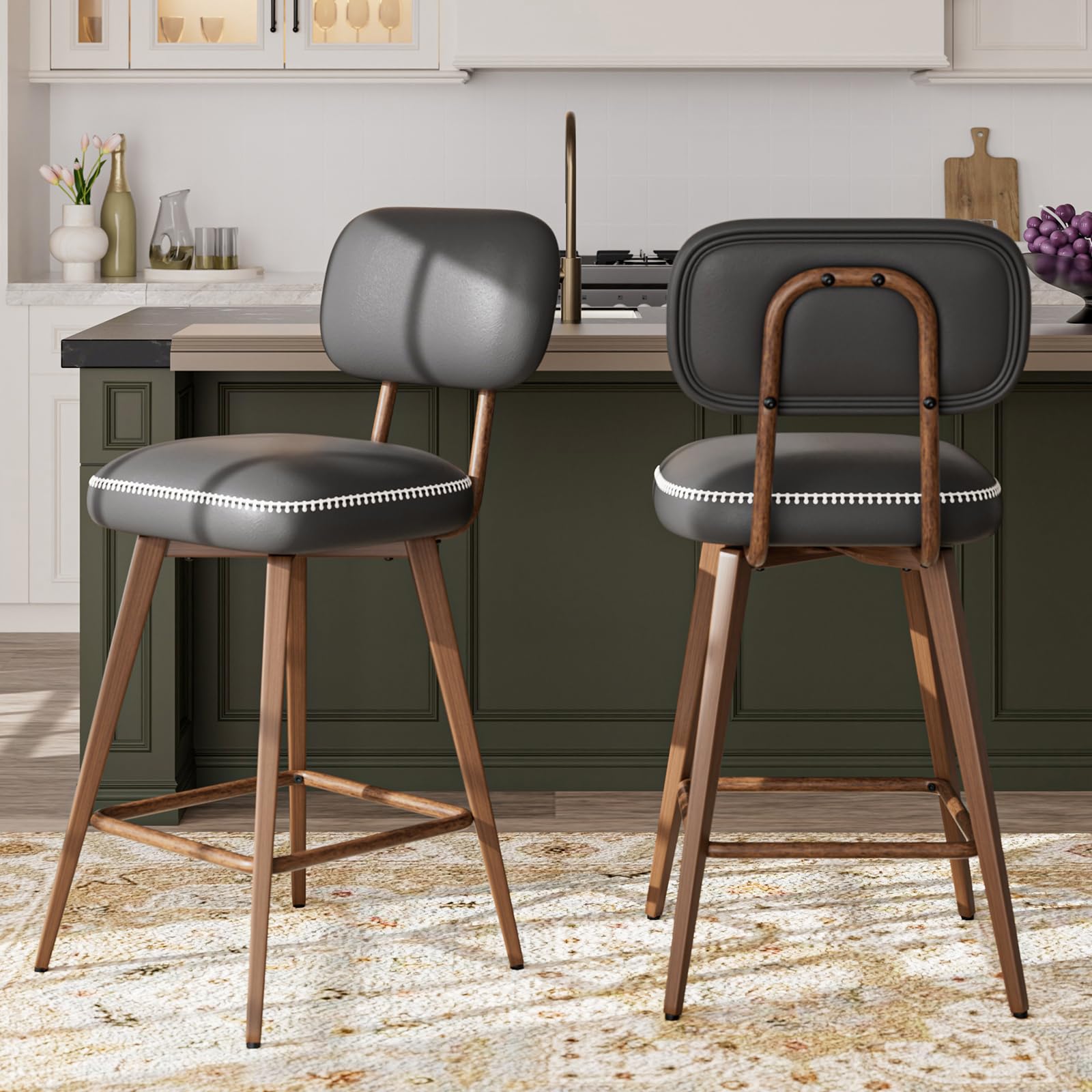 PU Leather Swivel Bar Stools Set of 2, Mid Century Counter Height Bar Chairs with Low Back and Metal Legs, Modern Bar Stool Chair for Kitchen Island, Black