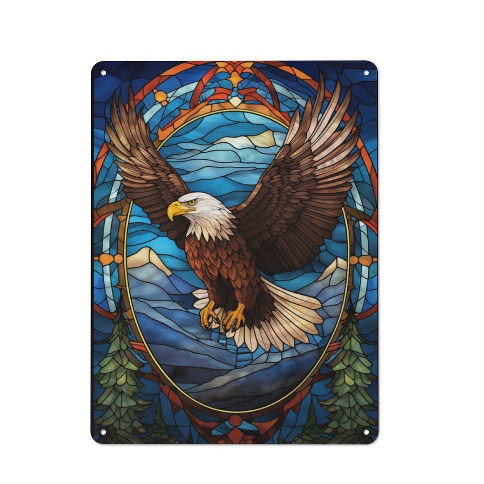 Junmoney Stained Glass Bald Eagle Retro Printed Metal Sign 40X30cm For Garage Or Workshop, For Garage, Workshop And Man Cave Decoration