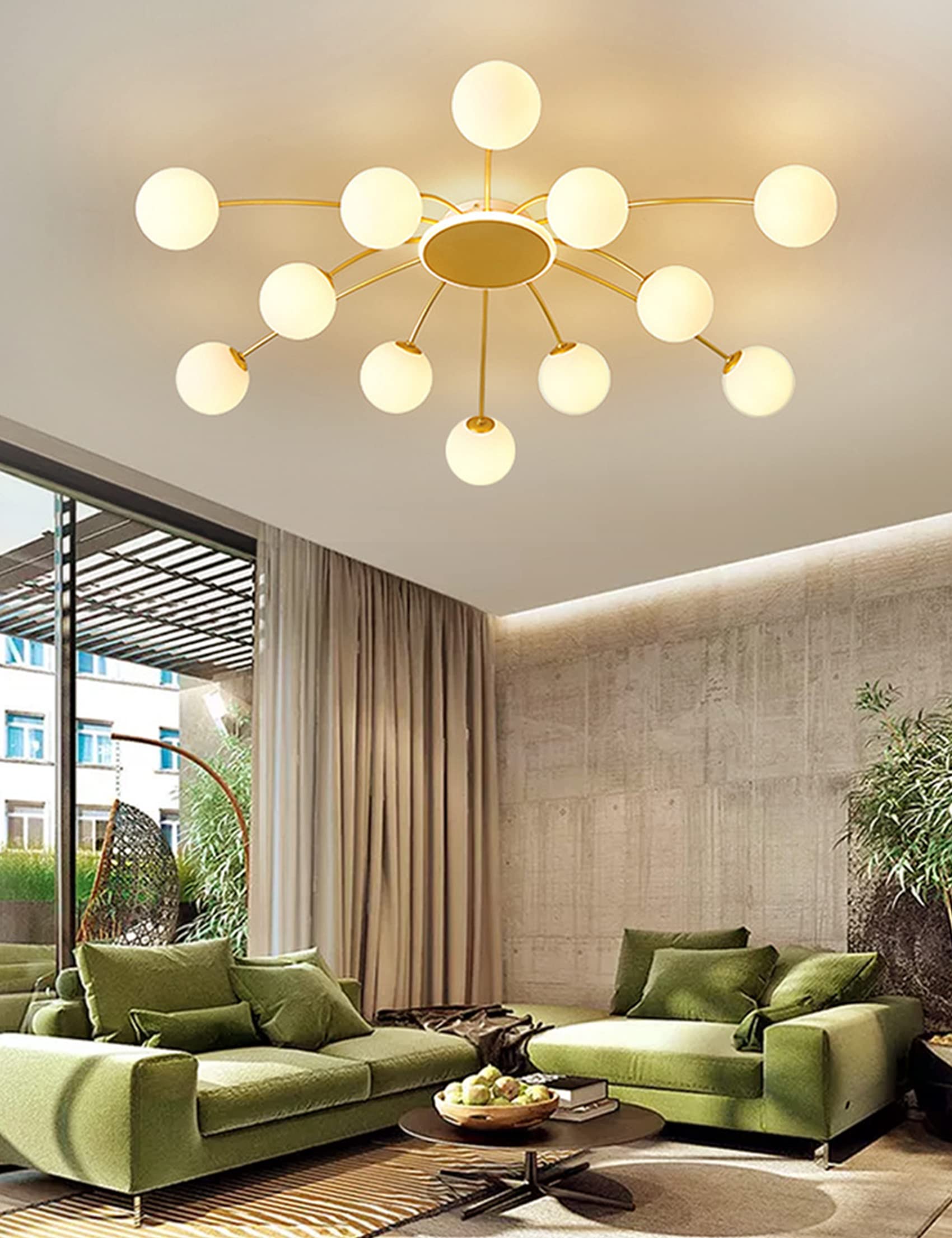 Lampadario Sputnik, Lampada da Soffitto Sputnik, Lampadario a Sospensione Oro 12 Luci, Lampada a Sospensione Moderno con Paralume Sfera in Vetro Bianco per Soggiorno Cameretta