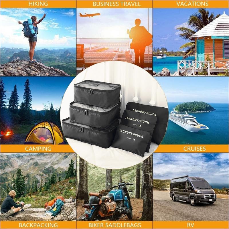 Image of 6 in 1 Polyester Secret Pouch Travel Bag Packing Cubes Laundry Bag with Undergarments & Cloth Storage Organizer Travelling Set /Suitcase Cloth Cube Bag (BLACK 6 in 1 Travel Bag)