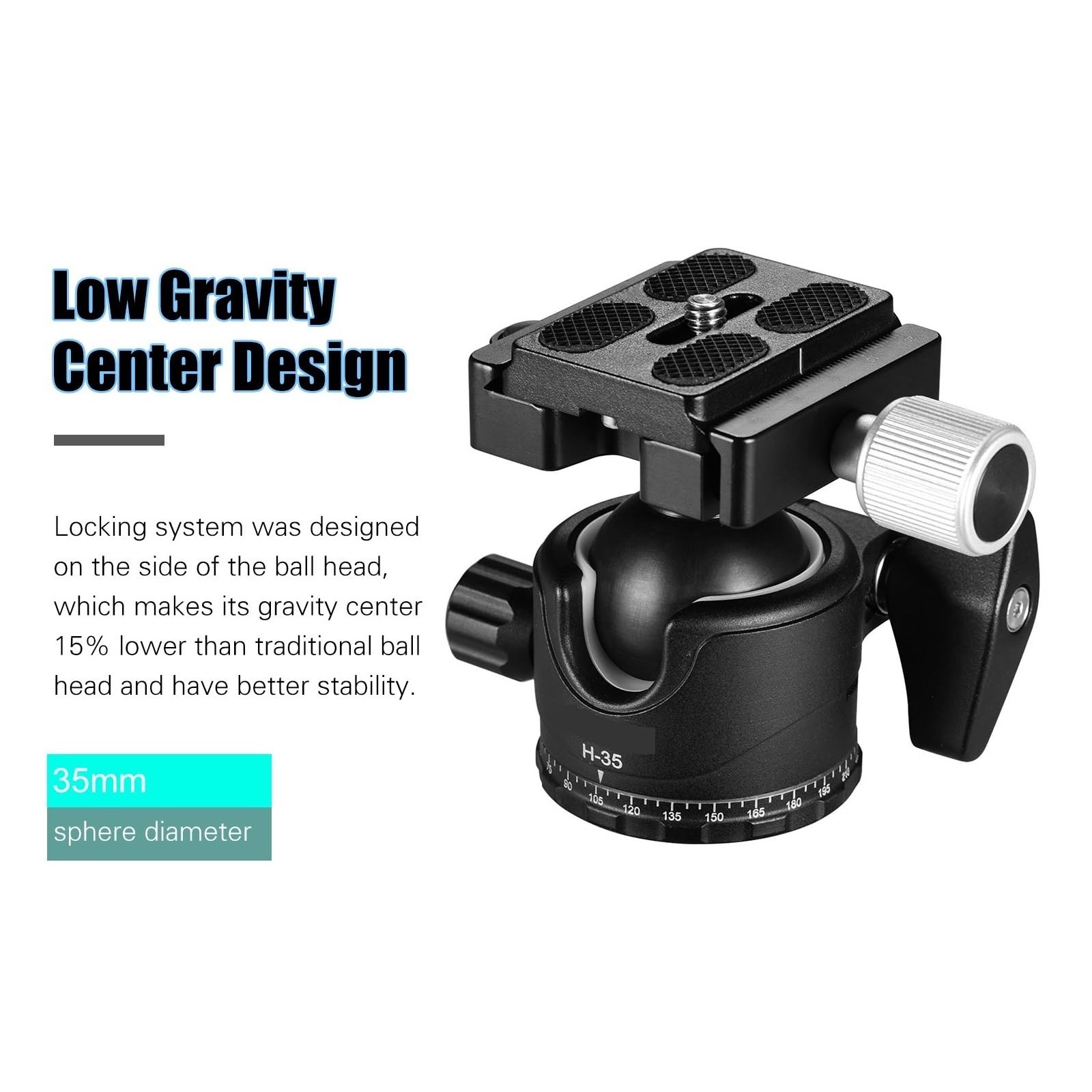 Głowica gimbala, Głowica kulowa statywu H-35, adapter do mocowania głowicy kulowej Panoa, rowek w kształcie litery U, konstrukcja z niskim środkiem, maks. nośność 15 kg/33 funty