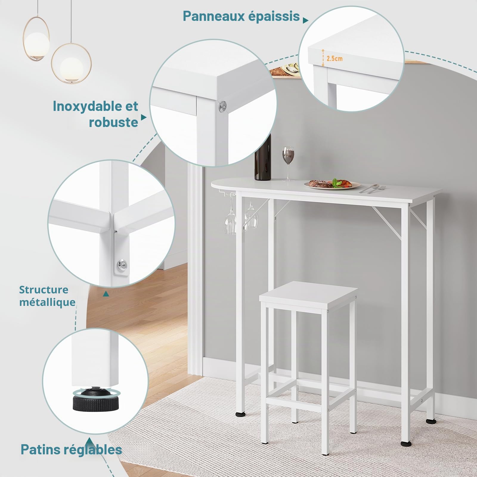 EUGAD Tabourets de Bar Lot de 2, Tabouret de Cuisine, Style Industriel, avec Repose-Pieds, pour Bistro, Salle à Manger, en Bois Aggloméré + Métal, 33x65x33 cm, Blanc, 1058BY-2