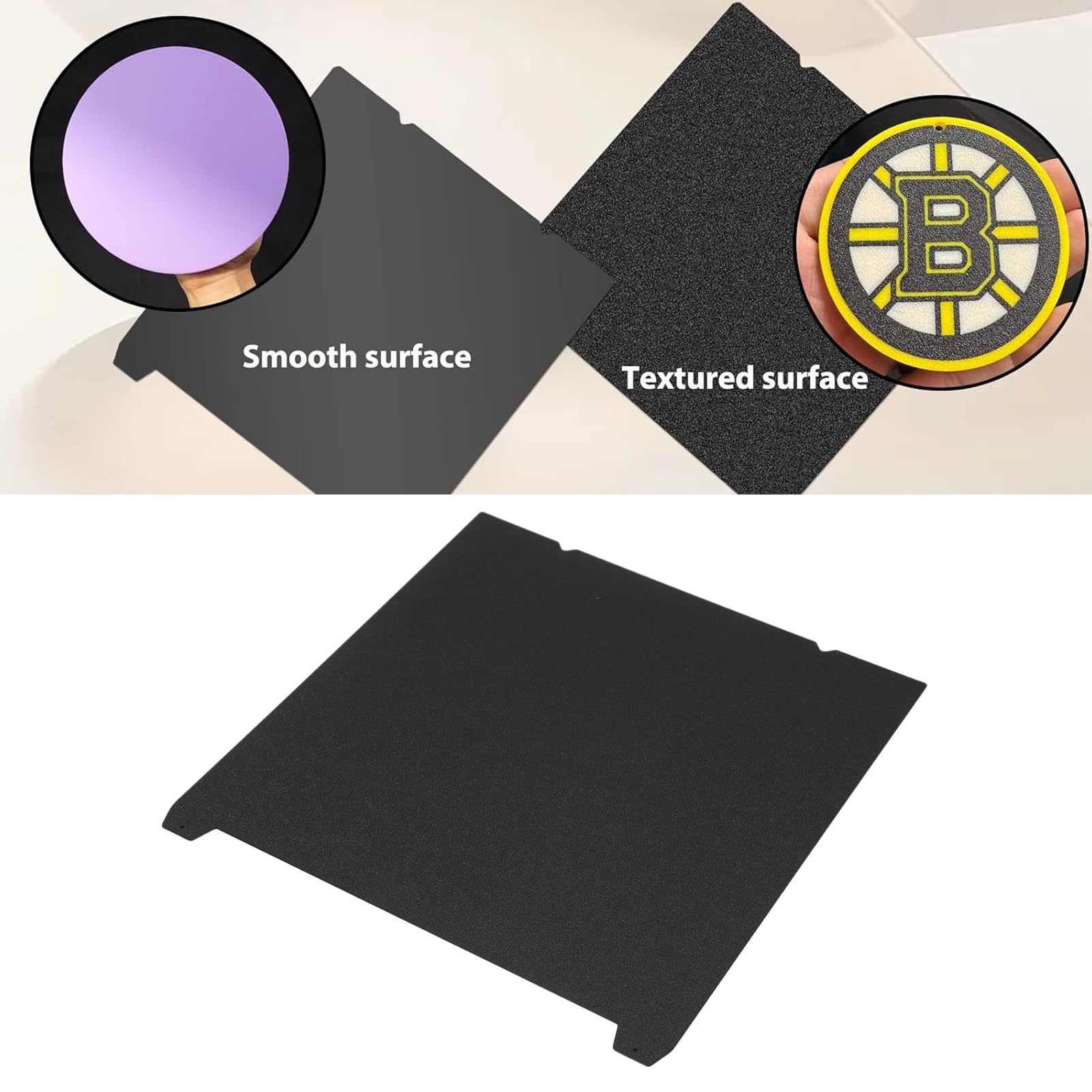 Pei Build Plate for 3D Printers, 315x310mm Double Sided with Smooth & Textured Soft Finish and Screw Positioning Hole.