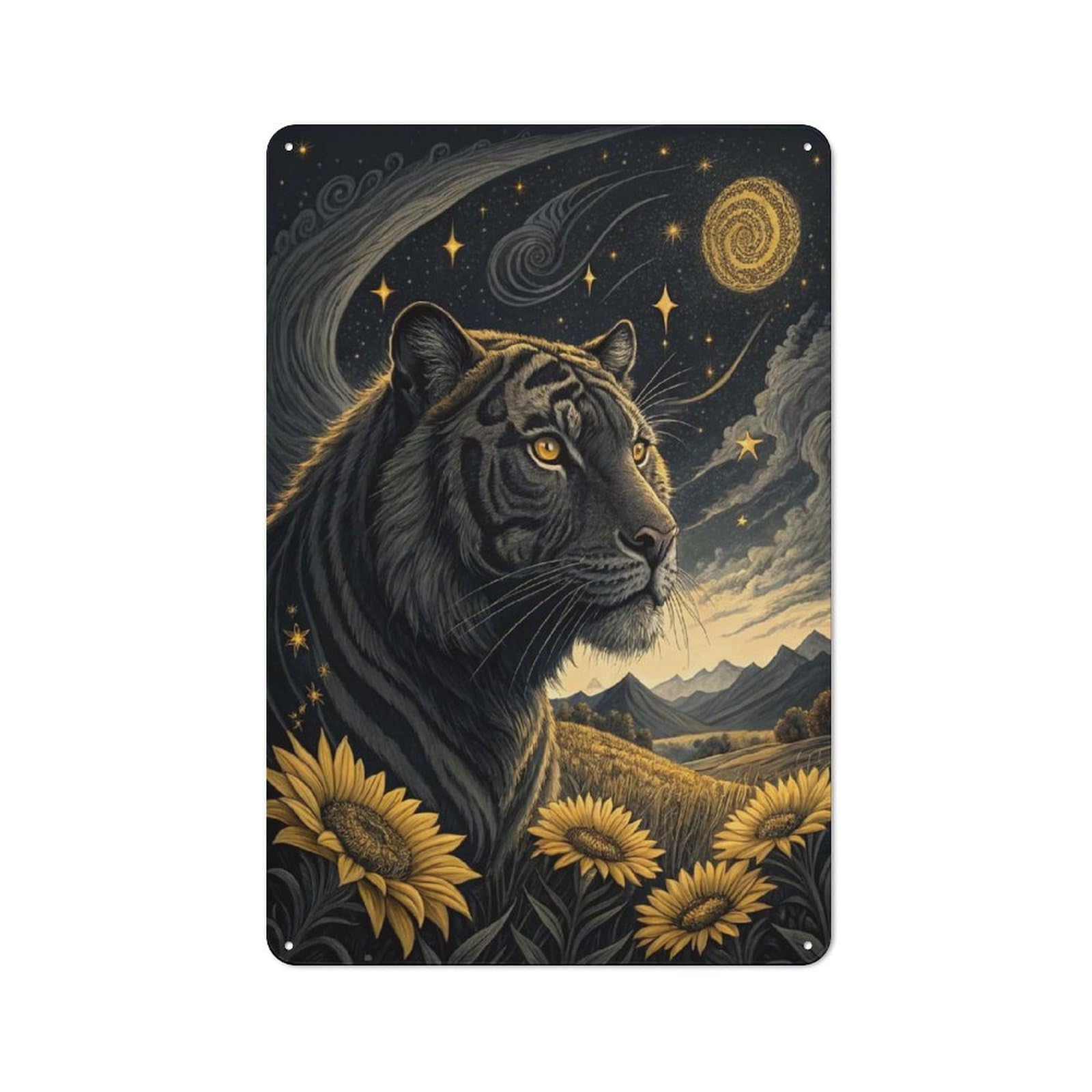 Junmoney Style-18 30X20cm Retro Tin Sign With Tiger In A Starry Sunflower Field For Living Room Wall, Housewarming Present For People Styling Living Room