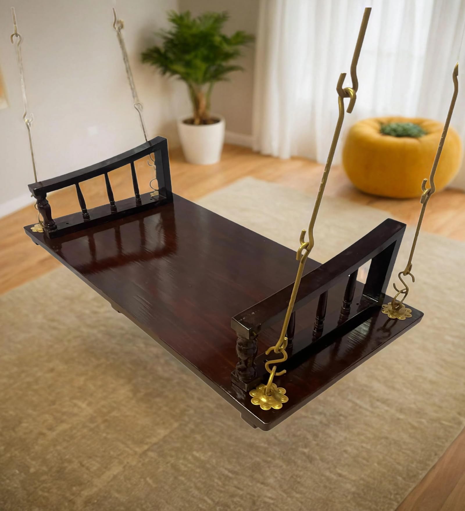 Jairi Traders Plank Wooden Swing Indoor Outdoor Teak Wood Handmade Support(4x2 Feet) Carving Pillar Work with Brass Coated Accessories Dark Brown Colour-image-30