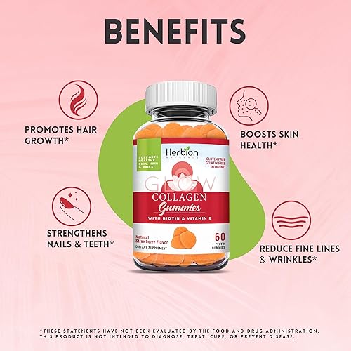 Miniatura 5 de Herbion Naturals Gomitas de colágeno con biotina y vitamina E ayuda a apoyar la piel el cabello y las uñas saludables sabor natural a fresa sin