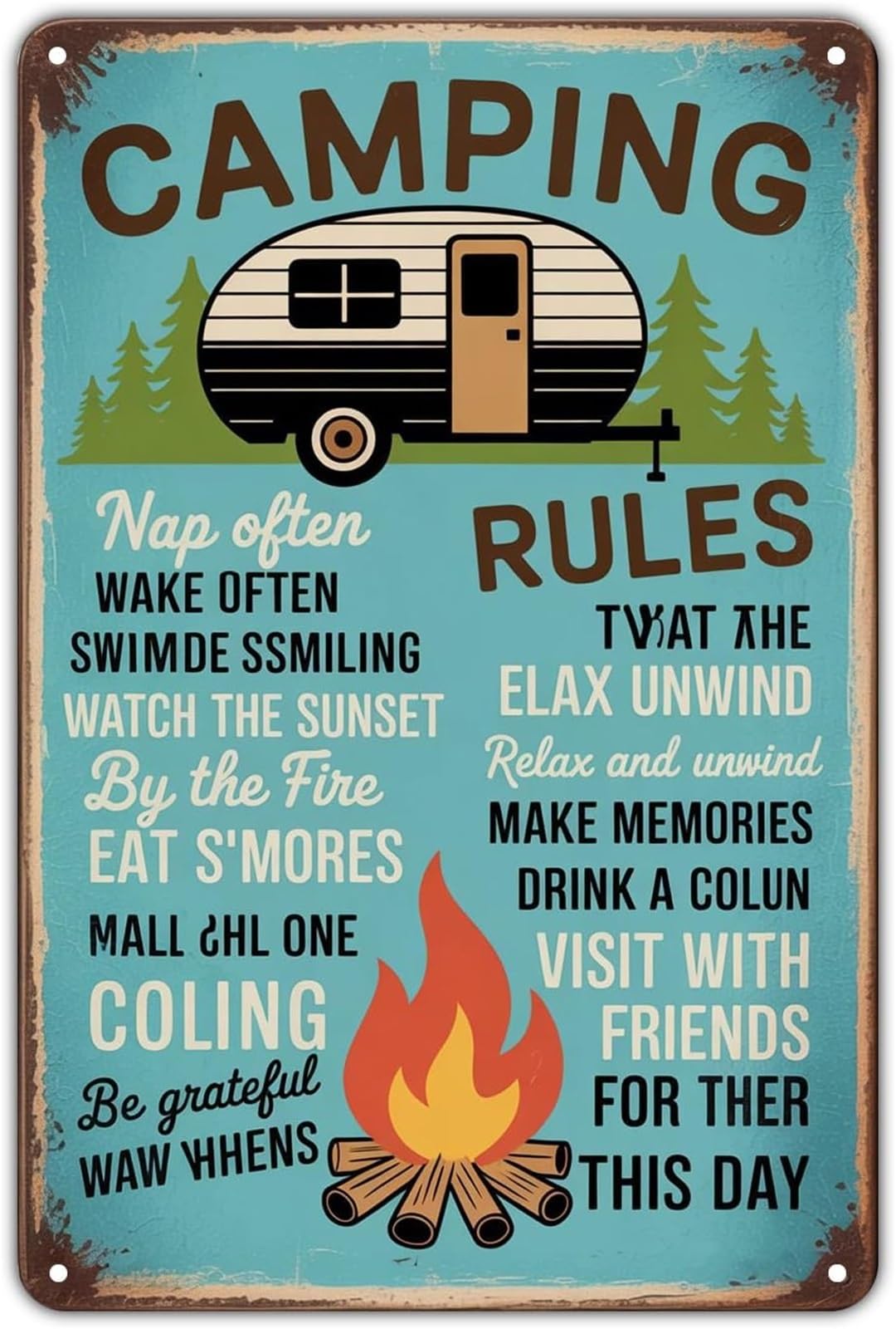 FNYUVNFAF Camping Rules Retro Humorous Tin Plaque Camper Trailer for Garage Man Cave Campsite 8 X 12 in