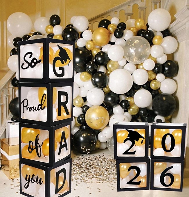 2025毕业典礼装饰品黑色气球箱四件套，带“GRAD 2025”字样，毕业派对用品