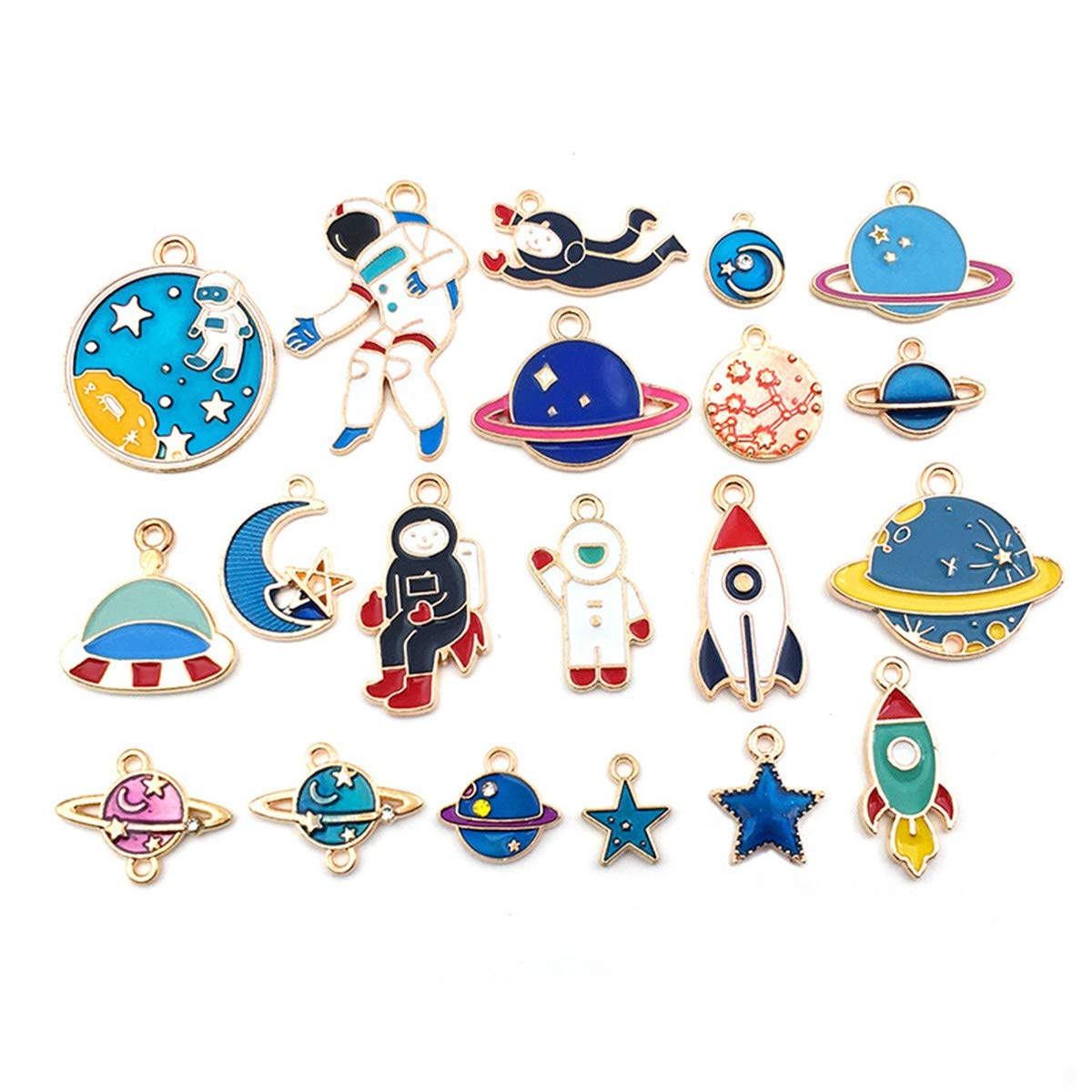 20 Pcs Mixed Styles Charms Pendants Space Astronaut Rocket Planet Jupiter Spaceship Assorted Enamel Colors Charms for Necklace Bracelet Jewelry Making and Crafting