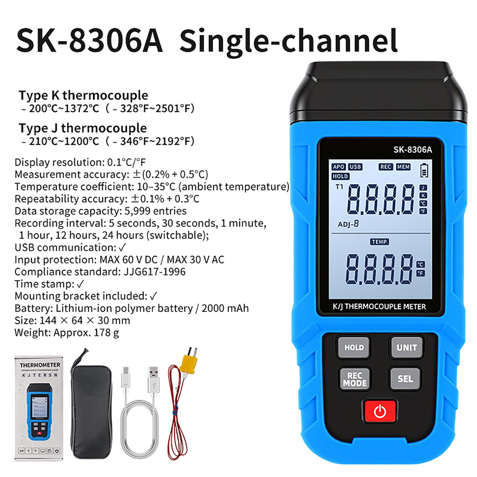 Karlak Termómetro Termopar Digital Medidor de Temperatura Medidor de Temperatura Doble Canal Tipo K J Alta 5999 Almacenamiento Datos Batería Recargable U (SK-8306A Monocanal)