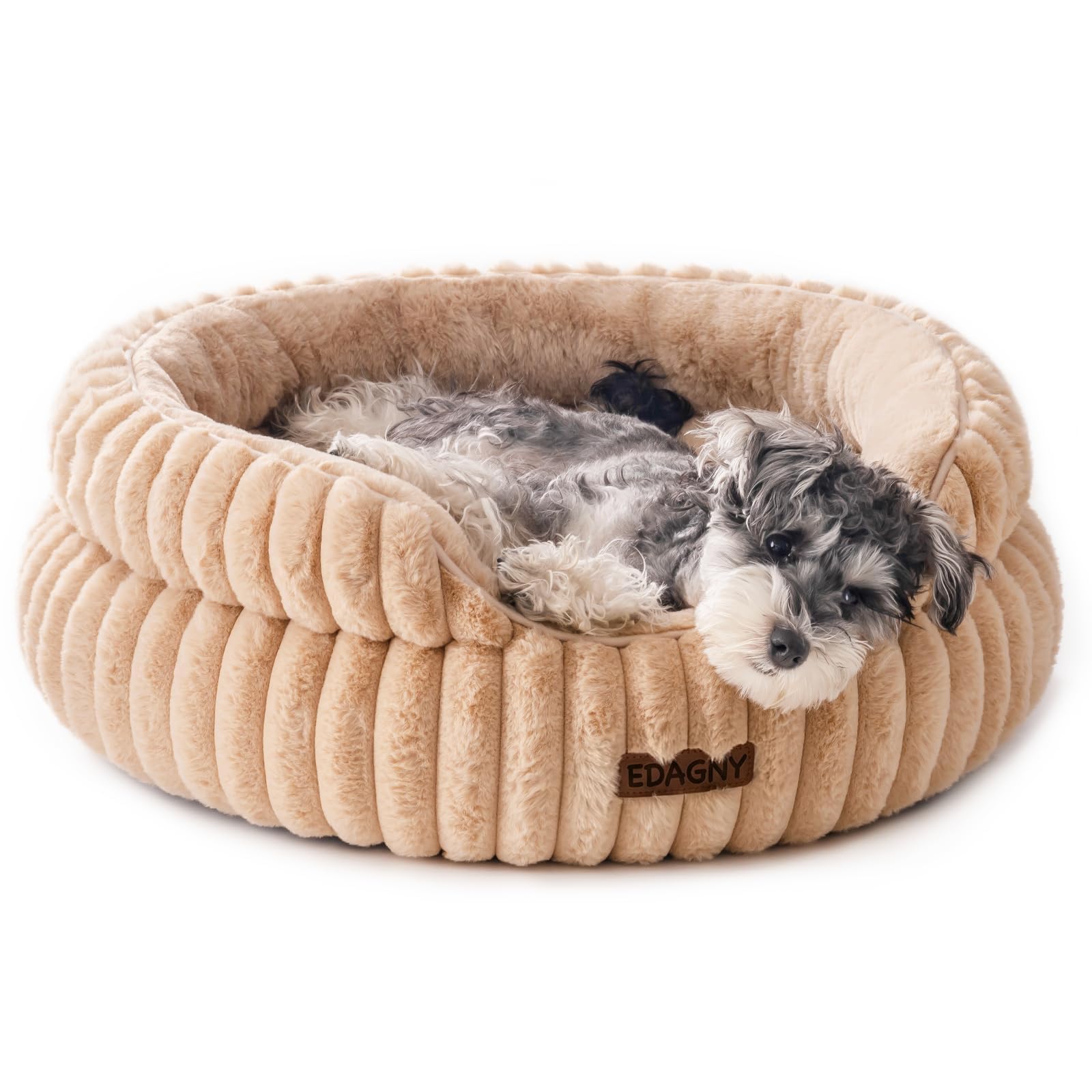 EDAGNY Cat Beds for Indoor Cats, Cat Bed Washable Kitten Bed Donut, Anti-anxiety Fluffy Calming Pet Bed for Puppy and Cat Sofa with Non-Slip Bottom (camel, 61cm x 61cm x 23cm)