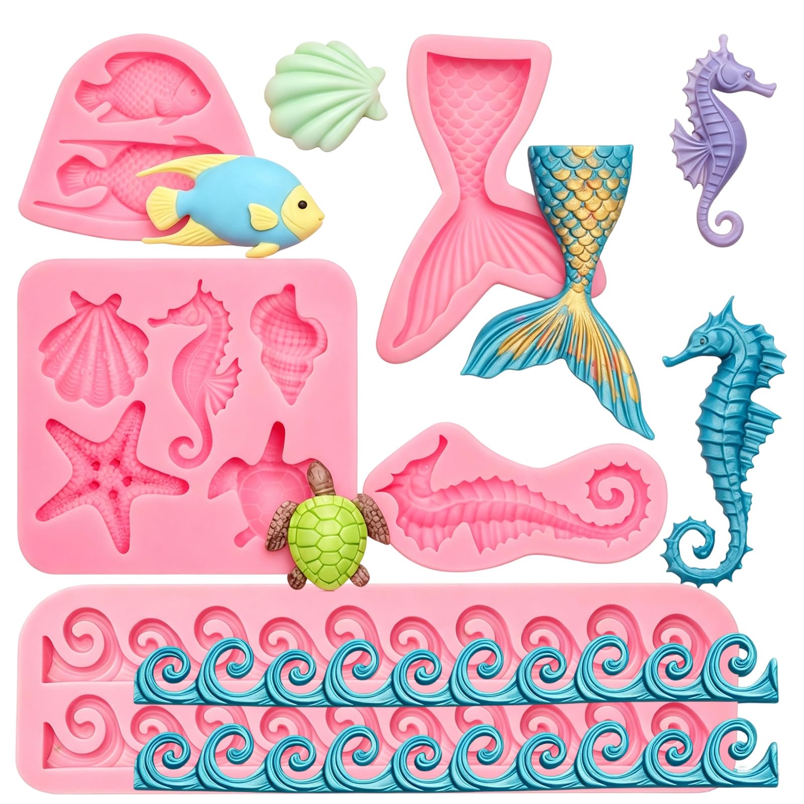 Kuchenform mit Meerjungfrau-Motiv, Silikonformen | Meeres-Schokoladenformen, Muschel, Seestern, Seepferdchen, Schildkröte, Meereswelle, Fondantformen für Kuchendekoration